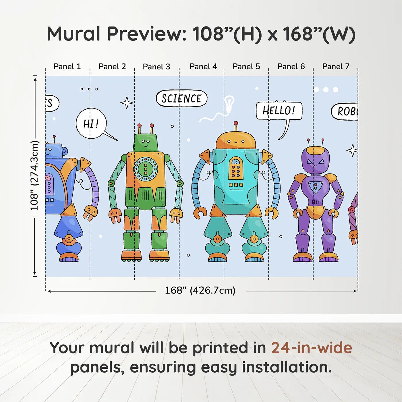 Whimsy Tots Colorful Robot Lineup Wall Muraldimension view (108" H x 168" W). Printed in seven 24-inch-wide panels. Gender-Neutral