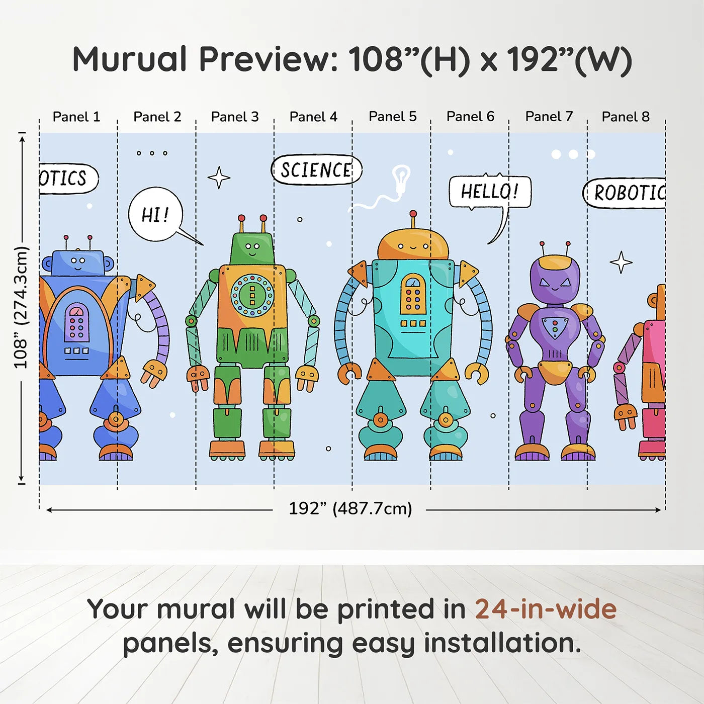 Whimsy Tots Colorful Robot Lineup Wall Muraldimension view (108" H x 192" W). Printed in eight 24-inch-wide panels. Gender-Neutral