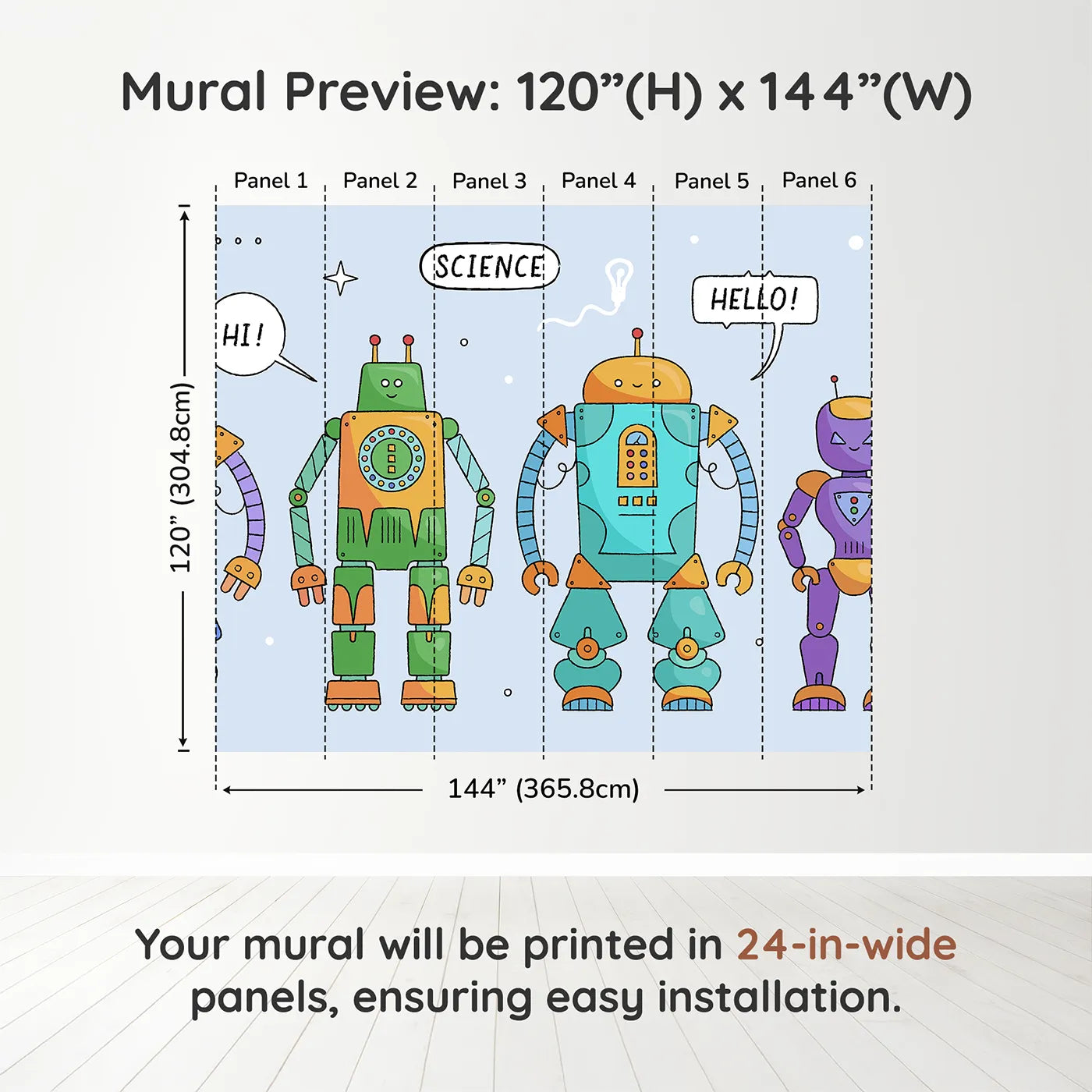 Whimsy Tots Colorful Robot Lineup Wall Muraldimension view (120" H x 144" W). Printed in six 24-inch-wide panels. Gender-Neutral