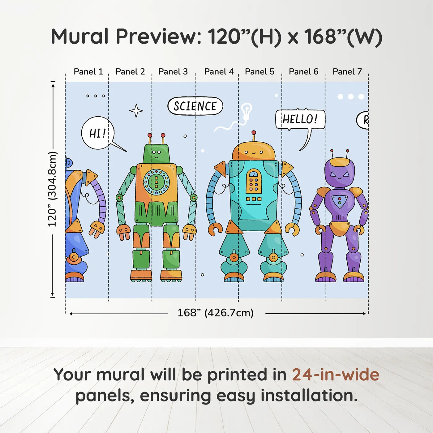 Whimsy Tots Colorful Robot Lineup Wall Muraldimension view (120" H x 168" W). Printed in seven 24-inch-wide panels. Gender-Neutral