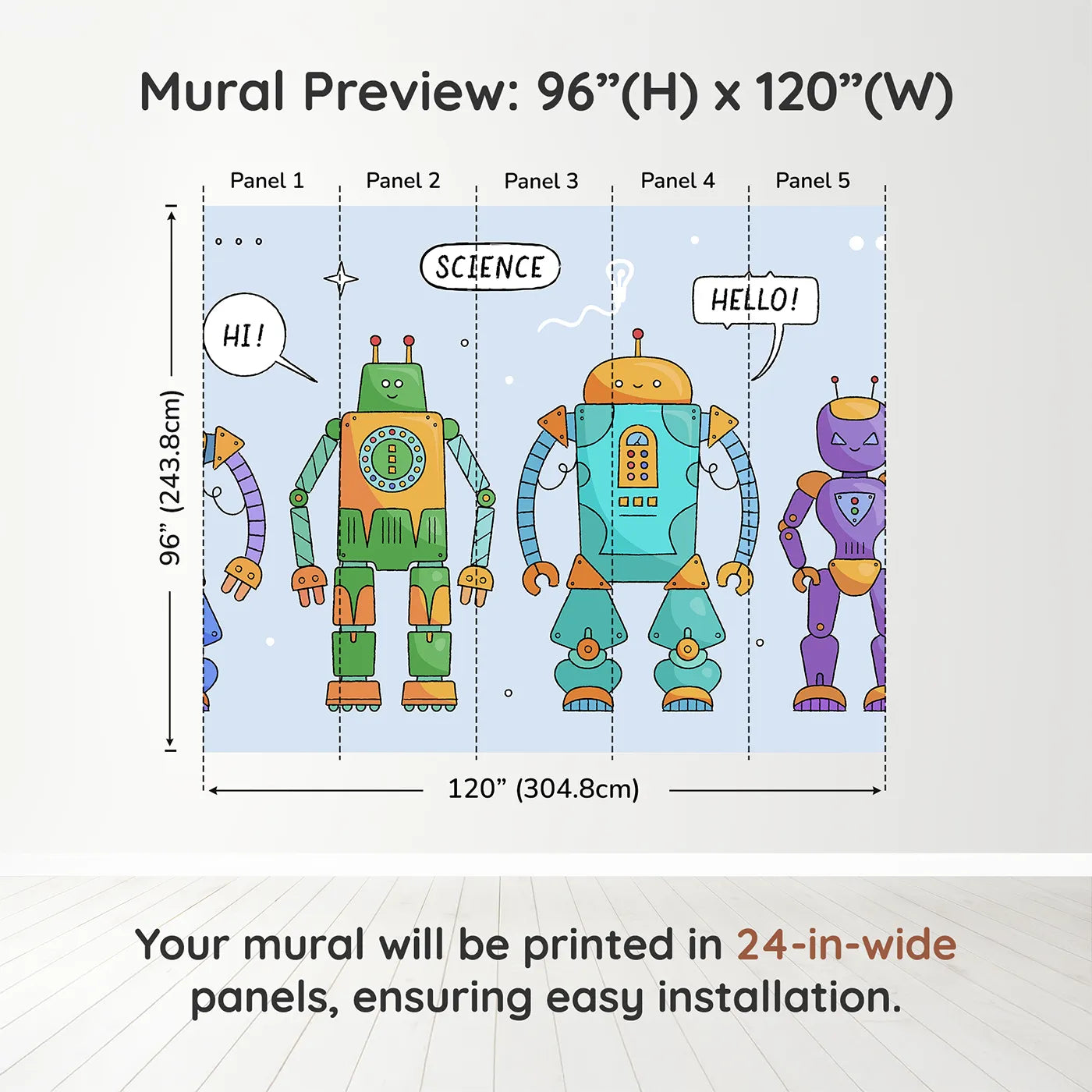 Whimsy Tots Colorful Robot Lineup Wall Muraldimension view (96" H x 120" W). Printed in five 24-inch-wide panels. Gender-Neutral