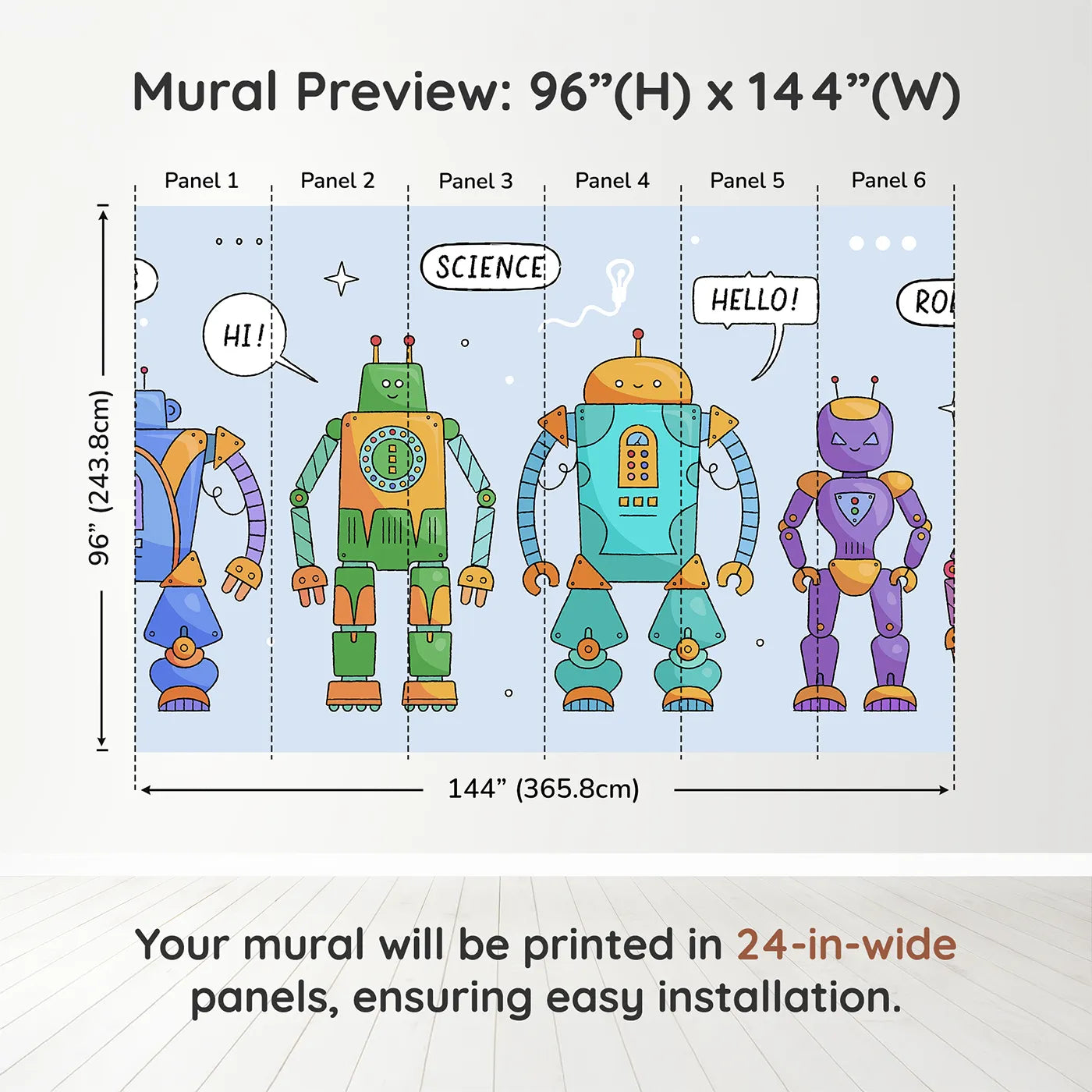 Whimsy Tots Colorful Robot Lineup Wall Muraldimension view (96" H x 144" W). Printed in six 24-inch-wide panels. Gender-Neutral