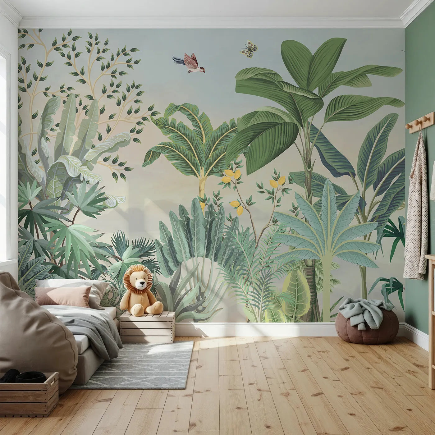 Front view of Whimsy Tots' Tropical Bird Garden Wall Mural