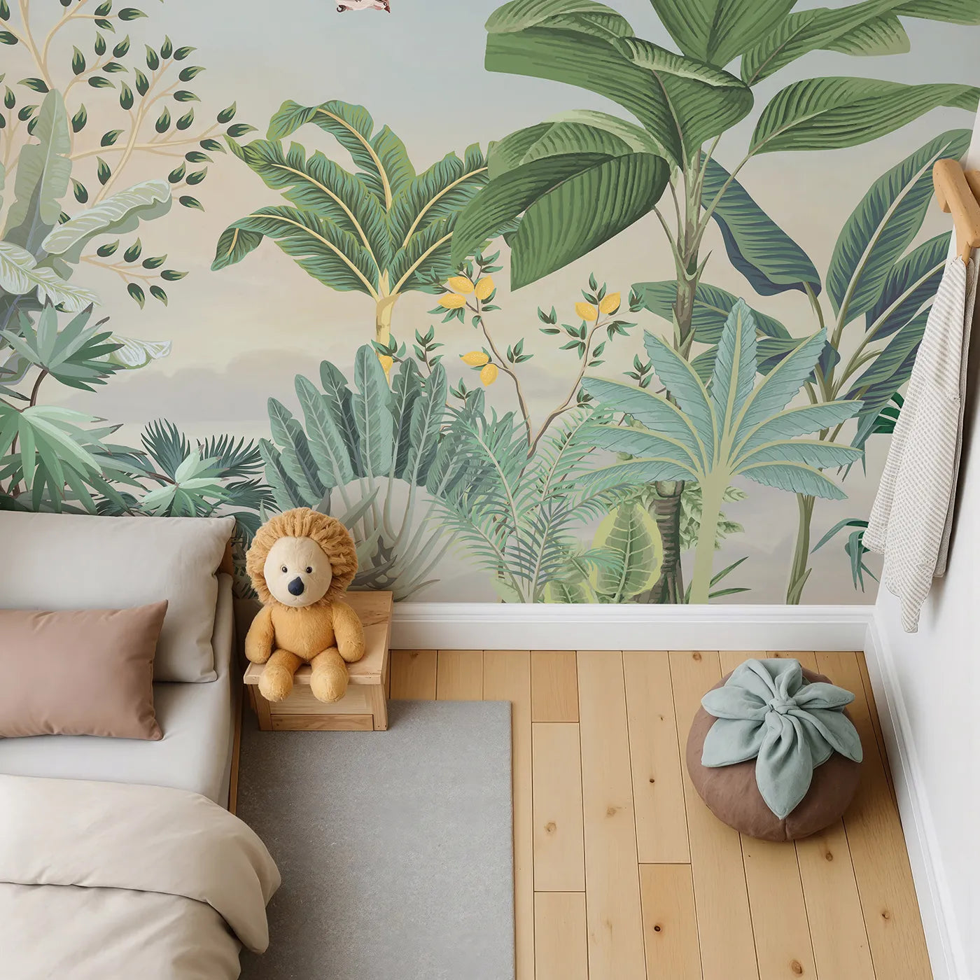 Top-down view of Whimsy Tots' Tropical Bird Garden Wall Mural (Turn Their Room into a Lush, Hand-Painted Paradise).Gender-Neutral