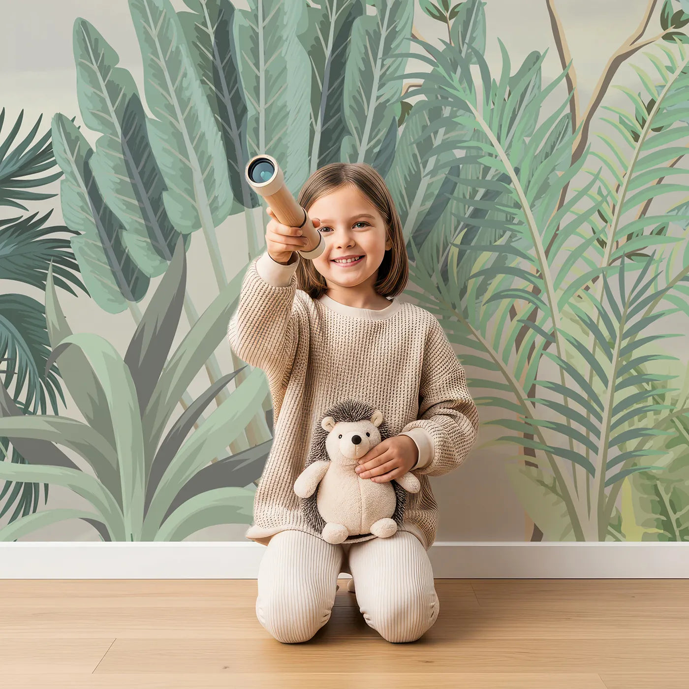 Child in front of Whimsy Tots Tropical Bird Garden Wall Mural with chinoiserie, vintage, bird, exotic, tropical, classic, garden, hummingbird in design.