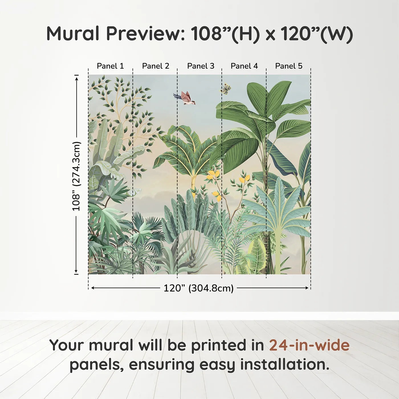 Whimsy Tots Tropical Bird Garden Wall Muraldimension view (108" H x 120" W). Printed in five 24-inch-wide panels. Gender-Neutral