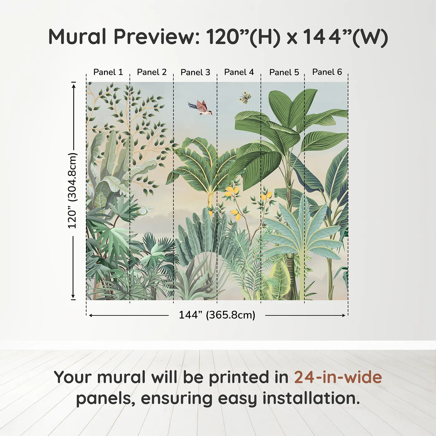 Whimsy Tots Tropical Bird Garden Wall Muraldimension view (120" H x 144" W). Printed in six 24-inch-wide panels. Gender-Neutral