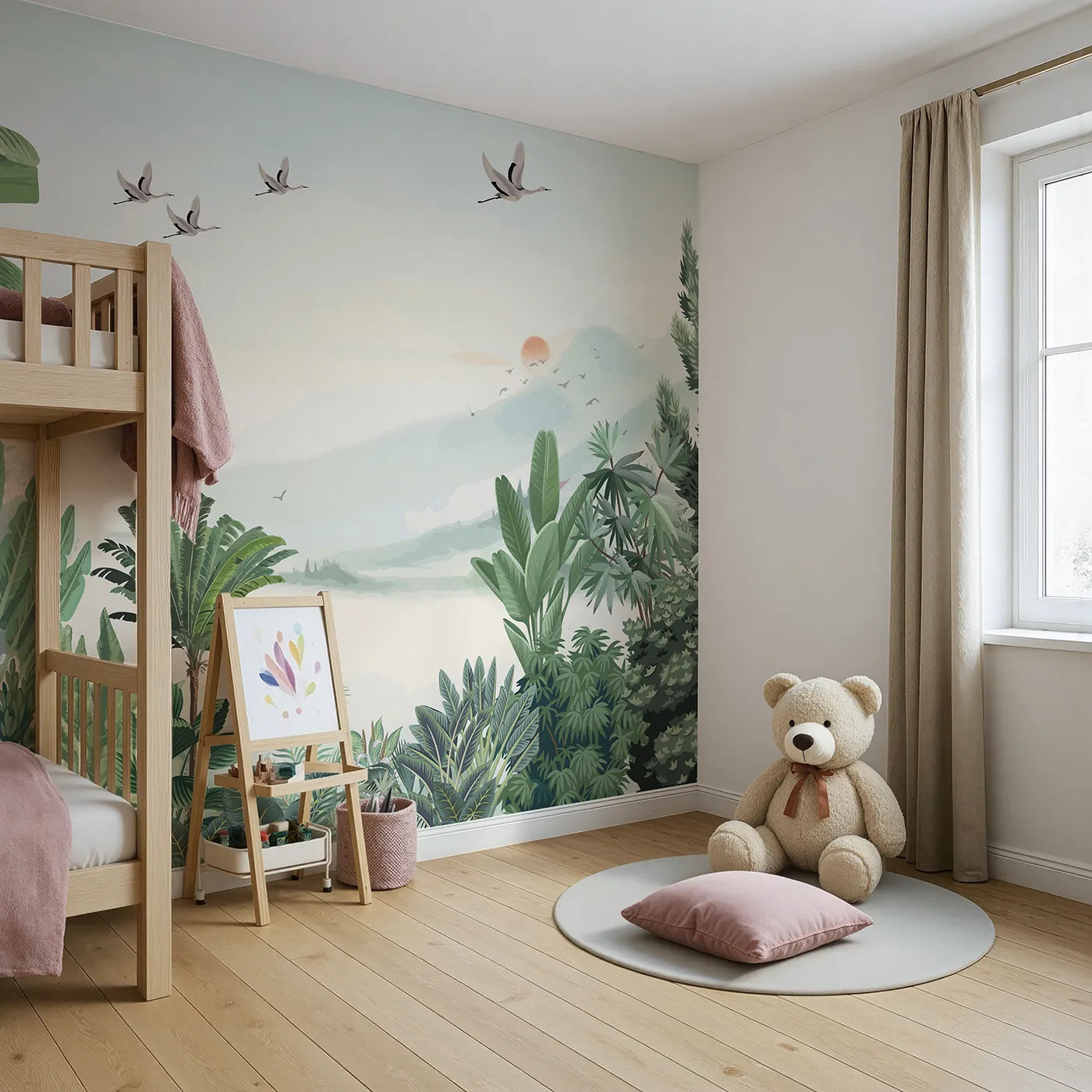 Angled view of Whimsy Tots' Sunset Jungle Wall Mural (Turn Their Room into a Peaceful, Ethereal Rainforest).Gender-Neutral