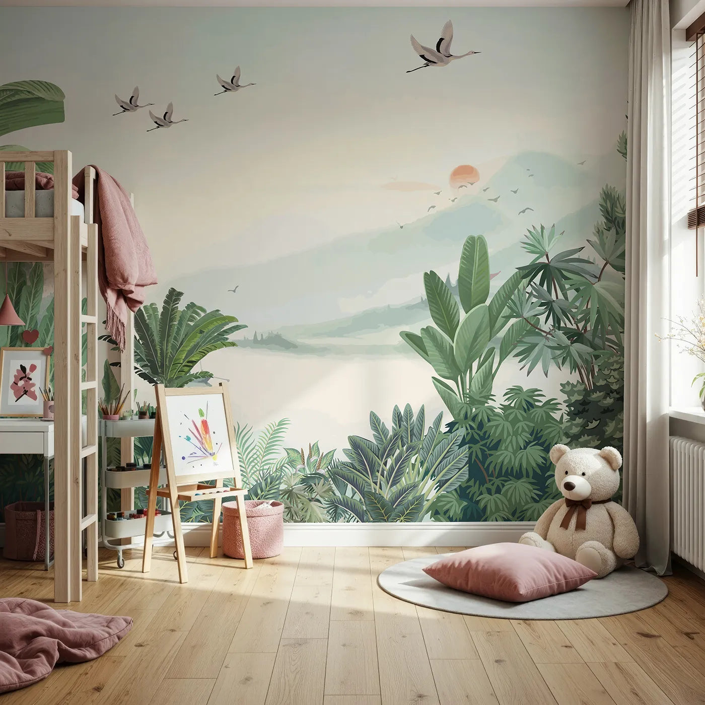 Front view of Whimsy Tots' Sunset Jungle Wall Mural