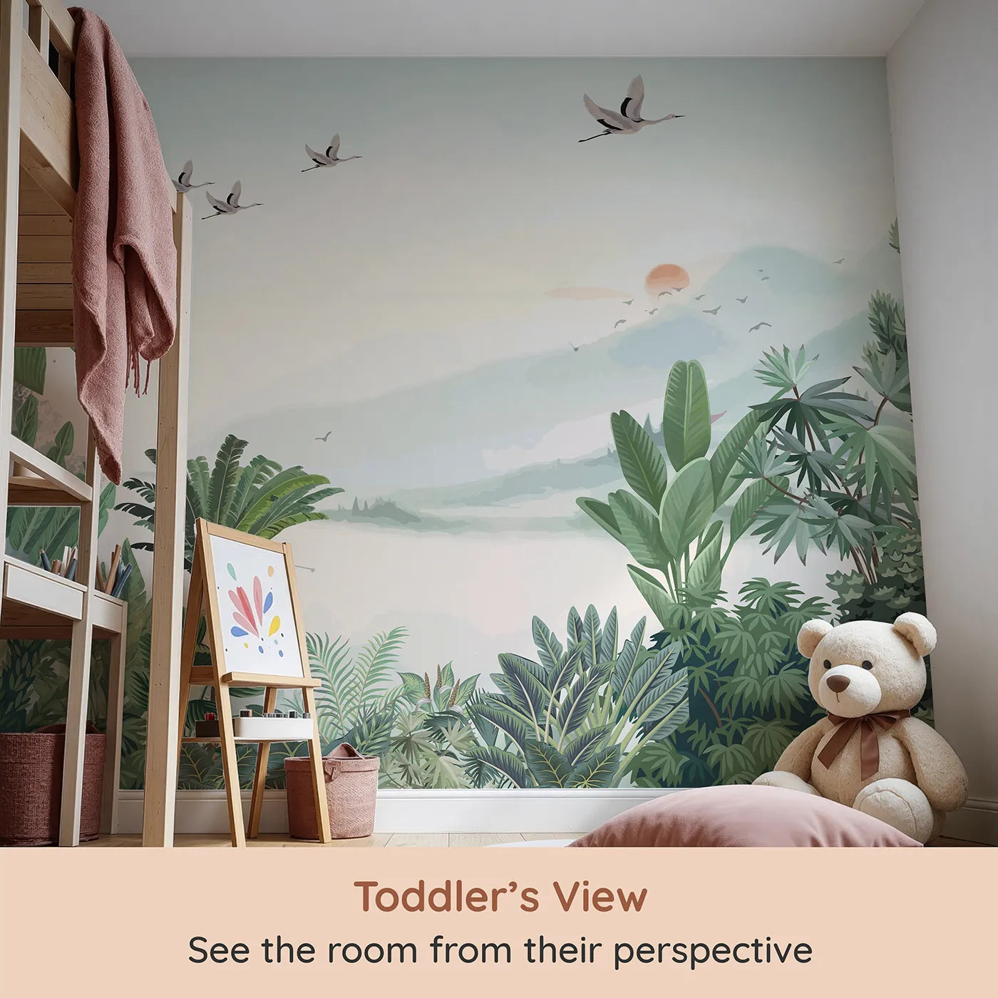 Whimsy Tots Sunset Jungle Wall Mural (Turn Their Room into a Peaceful, Ethereal Rainforest) from your child's view.Gender-Neutral
