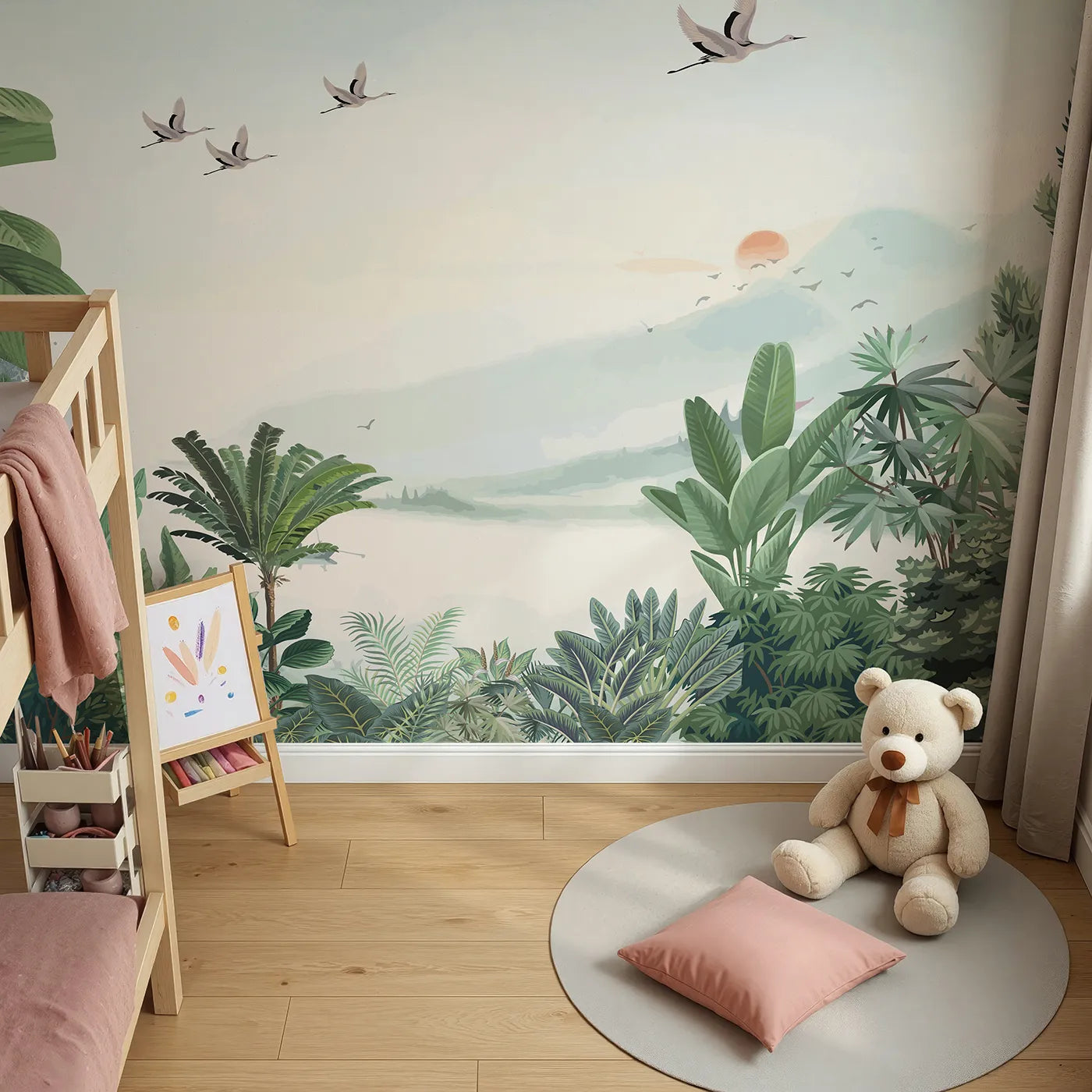 Top-down view of Whimsy Tots' Sunset Jungle Wall Mural (Turn Their Room into a Peaceful, Ethereal Rainforest).Gender-Neutral