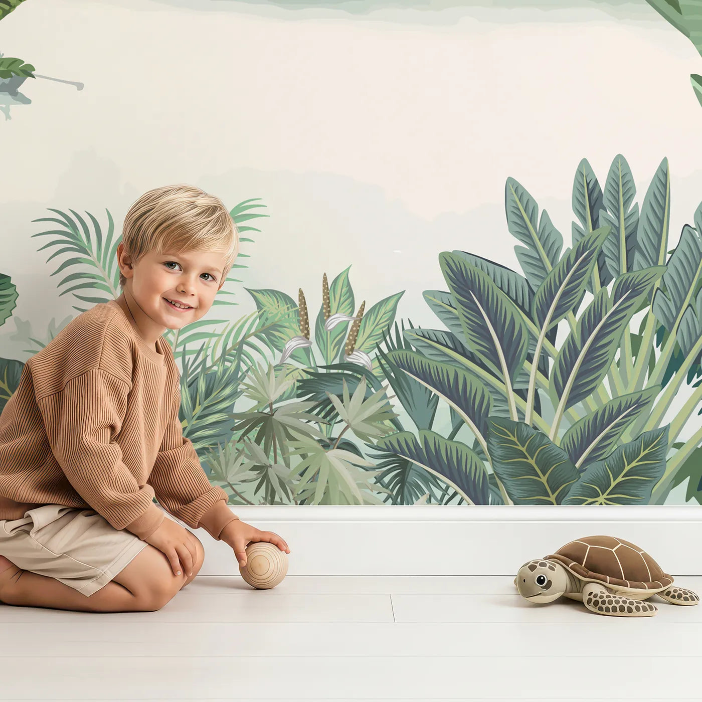 Child in front of Whimsy Tots Sunset Jungle Wall Mural with jungle, mist, tropical, forest, light, green, landscape, sunset in design.