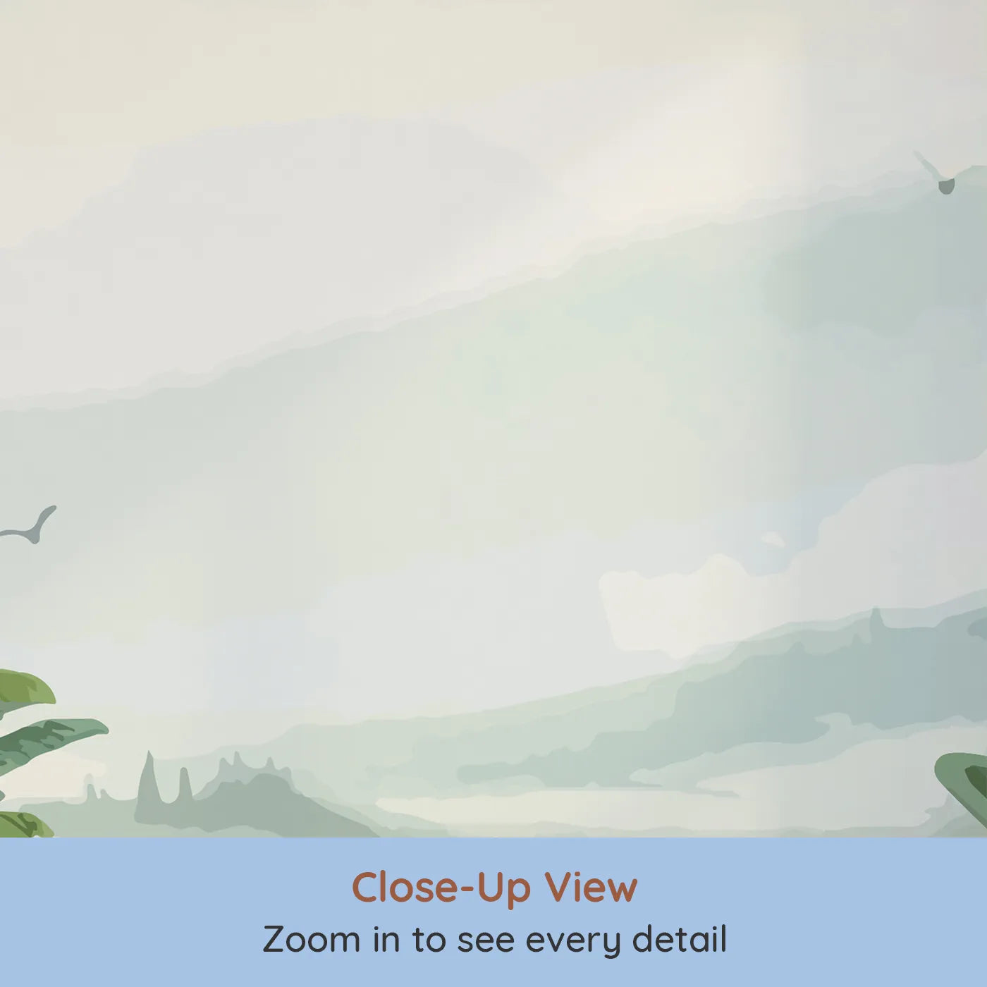 Close-up view of Whimsy Tots' Sunset Jungle Wall Mural (Turn Their Room into a Peaceful, Ethereal Rainforest).Gender-Neutral