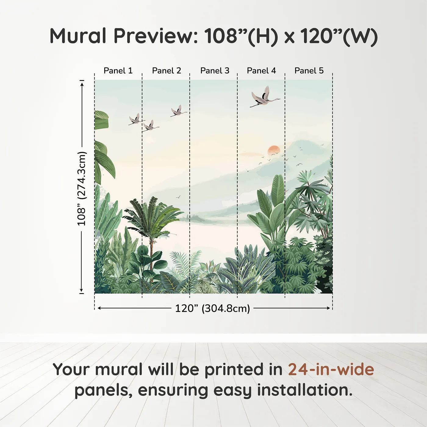 Whimsy Tots Sunset Jungle Wall Muraldimension view (108" H x 120" W). Printed in five 24-inch-wide panels. Gender-Neutral