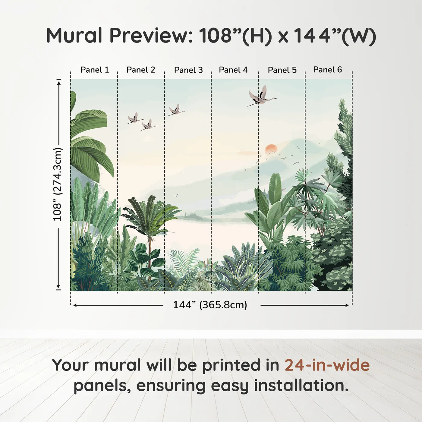 Whimsy Tots Sunset Jungle Wall Muraldimension view (108" H x 144" W). Printed in six 24-inch-wide panels. Gender-Neutral