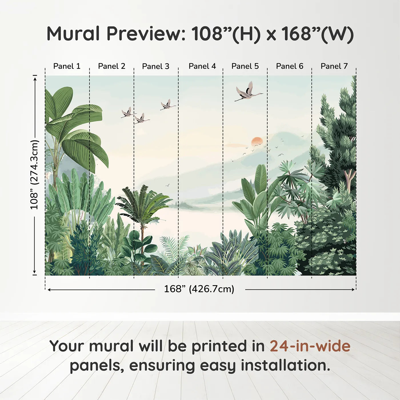 Whimsy Tots Sunset Jungle Wall Muraldimension view (108" H x 168" W). Printed in seven 24-inch-wide panels. Gender-Neutral