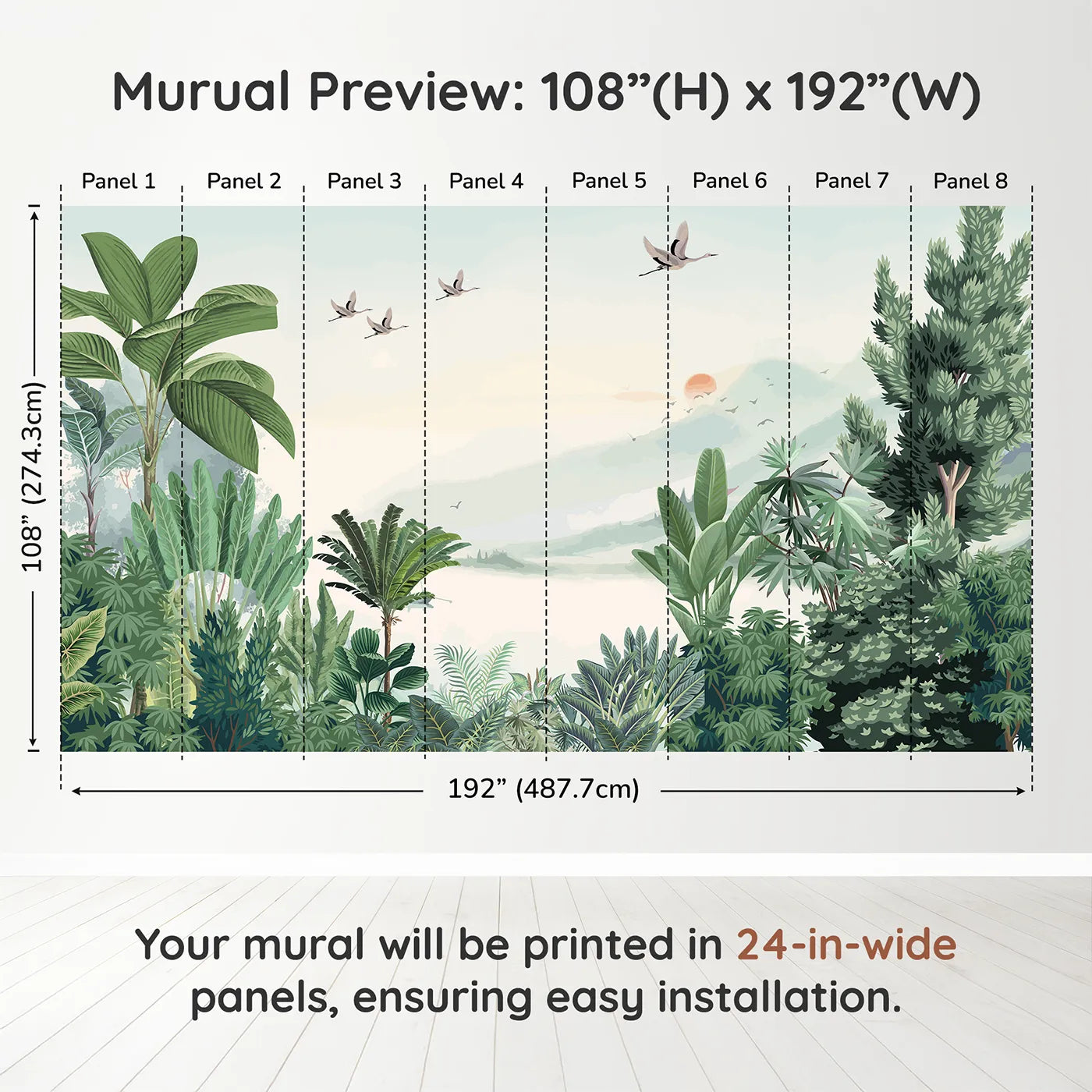 Whimsy Tots Sunset Jungle Wall Muraldimension view (108" H x 192" W). Printed in eight 24-inch-wide panels. Gender-Neutral