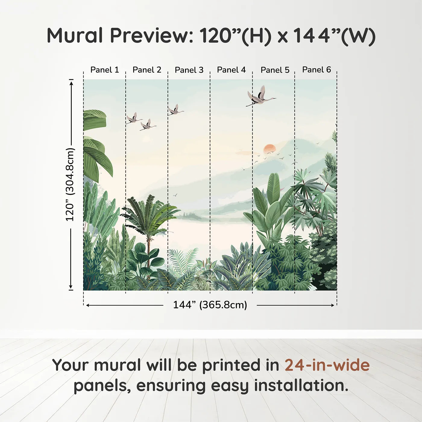 Whimsy Tots Sunset Jungle Wall Muraldimension view (120" H x 144" W). Printed in six 24-inch-wide panels. Gender-Neutral