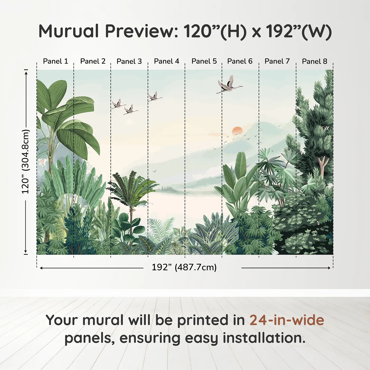Whimsy Tots Sunset Jungle Wall Muraldimension view (120" H x 192" W). Printed in eight 24-inch-wide panels. Gender-Neutral
