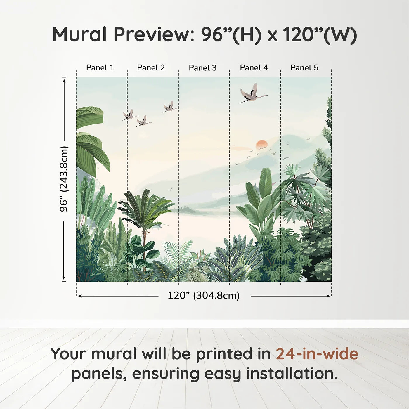 Whimsy Tots Sunset Jungle Wall Muraldimension view (96" H x 120" W). Printed in five 24-inch-wide panels. Gender-Neutral