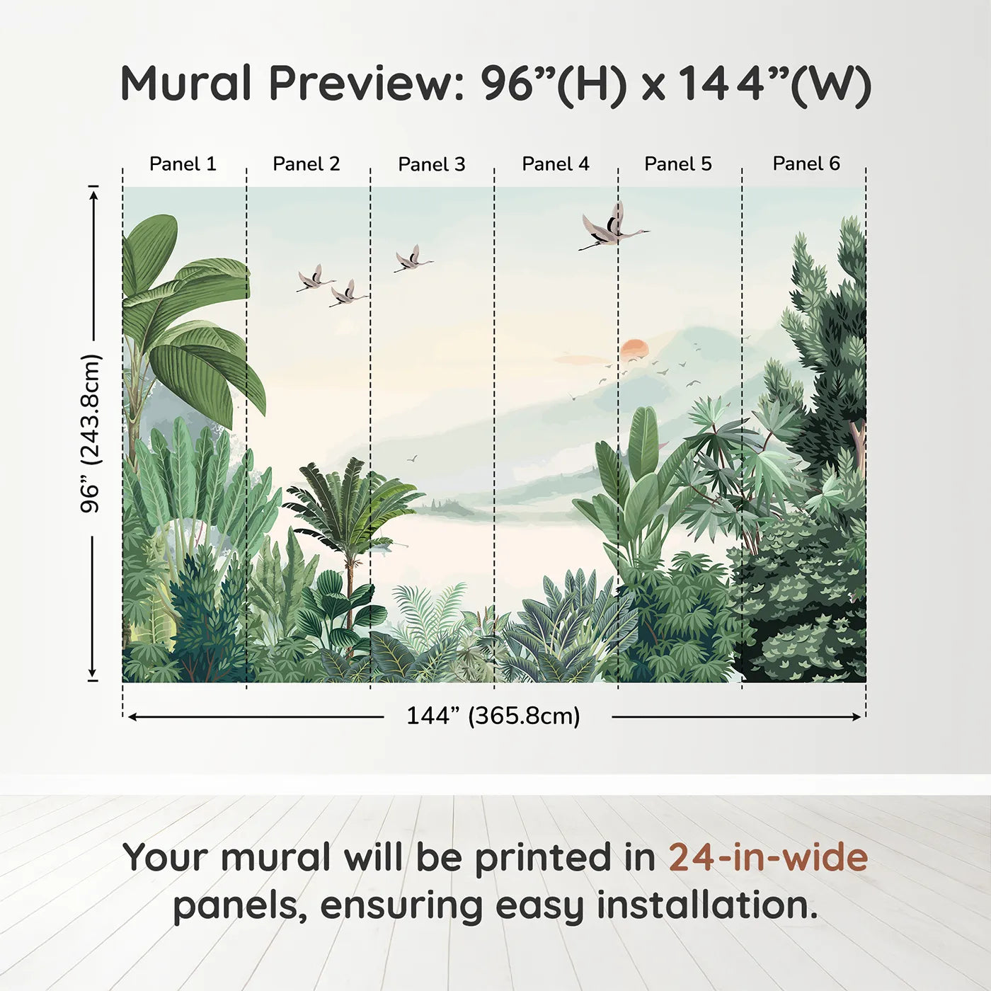 Whimsy Tots Sunset Jungle Wall Muraldimension view (96" H x 144" W). Printed in six 24-inch-wide panels. Gender-Neutral