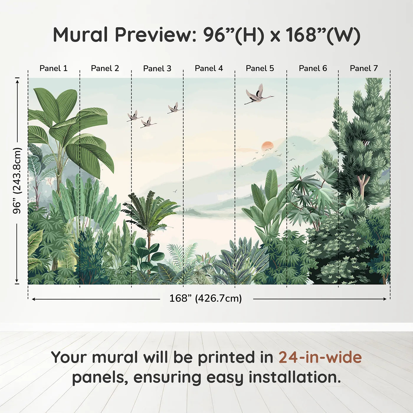 Whimsy Tots Sunset Jungle Wall Muraldimension view (96" H x 168" W). Printed in seven 24-inch-wide panels. Gender-Neutral