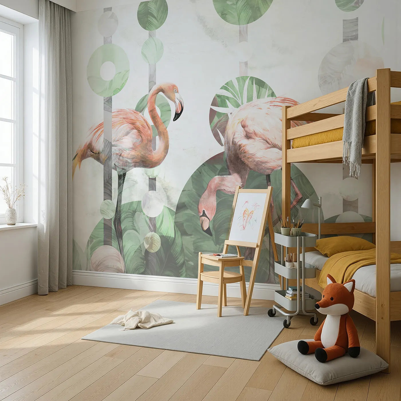 Angled view of Whimsy Tots' Abstract Flamingo Wall Mural (Turn Their Room into a Chic and Modern Tropical Escape).Gender-Neutral