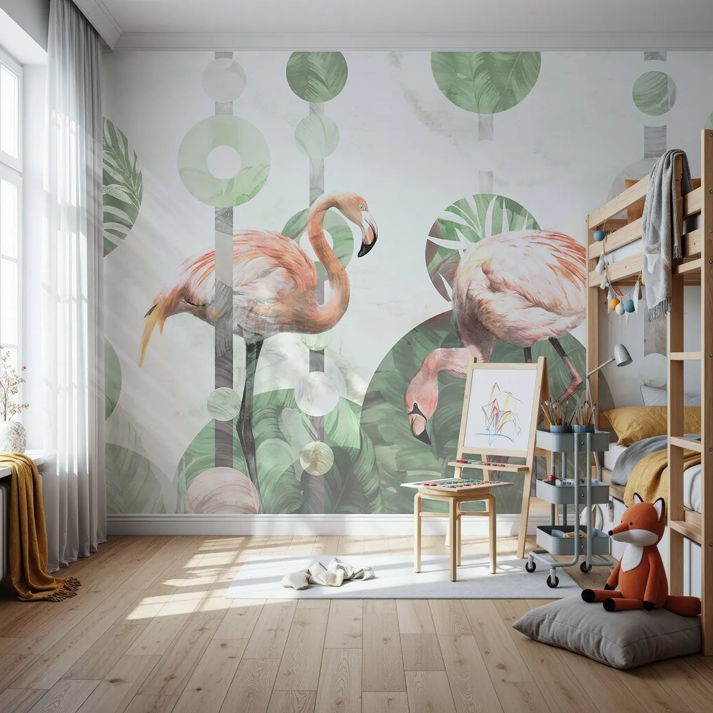 Front view of Whimsy Tots' Abstract Flamingo Wall Mural