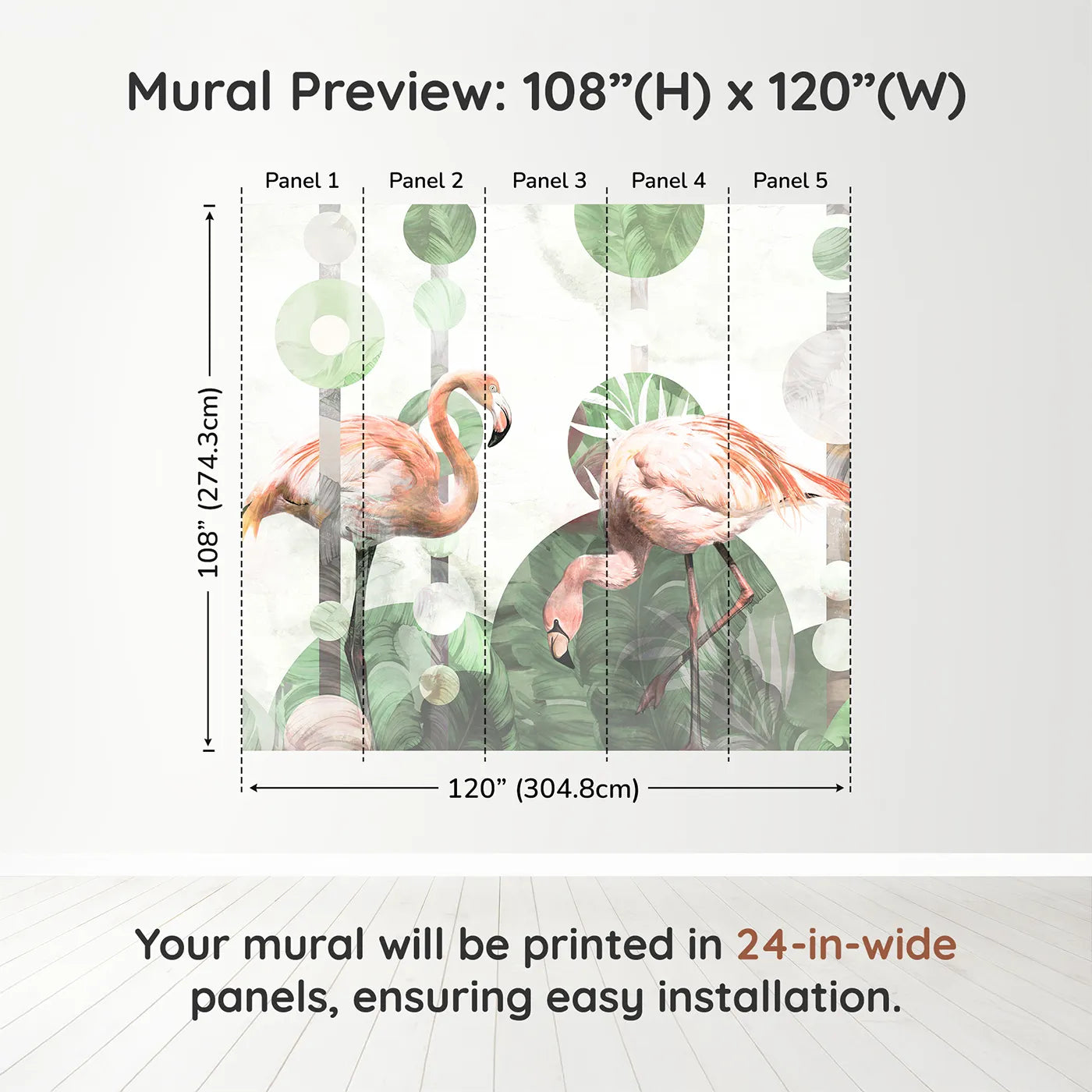 Whimsy Tots Abstract Flamingo Wall Muraldimension view (108" H x 120" W). Printed in five 24-inch-wide panels. Gender-Neutral