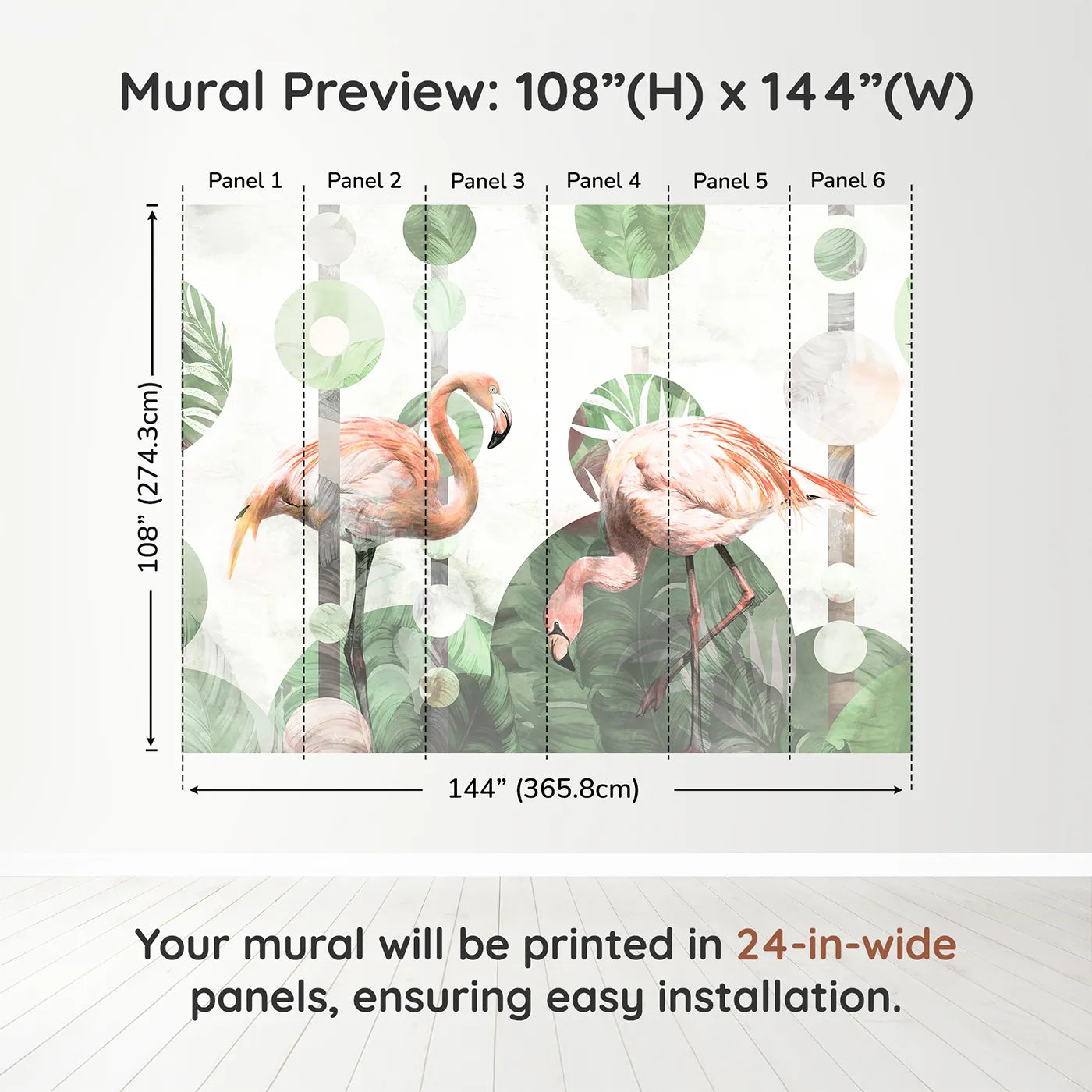Whimsy Tots Abstract Flamingo Wall Muraldimension view (108" H x 144" W). Printed in six 24-inch-wide panels. Gender-Neutral
