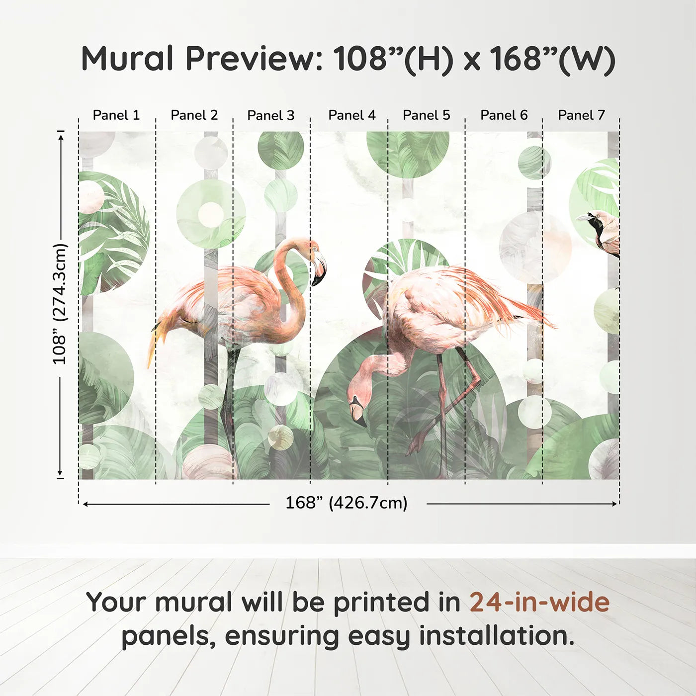 Whimsy Tots Abstract Flamingo Wall Muraldimension view (108" H x 168" W). Printed in seven 24-inch-wide panels. Gender-Neutral