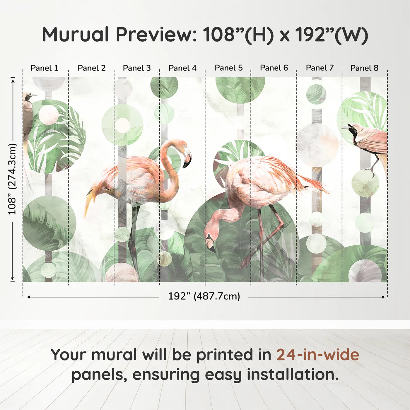 Whimsy Tots Abstract Flamingo Wall Muraldimension view (108" H x 192" W). Printed in eight 24-inch-wide panels. Gender-Neutral