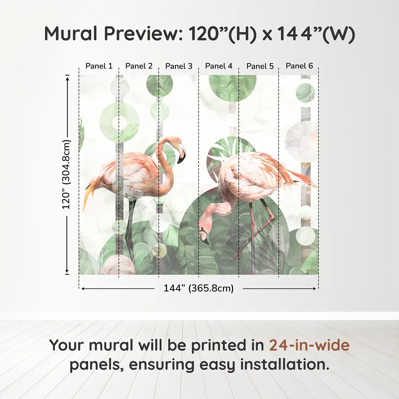 Whimsy Tots Abstract Flamingo Wall Muraldimension view (120" H x 144" W). Printed in six 24-inch-wide panels. Gender-Neutral
