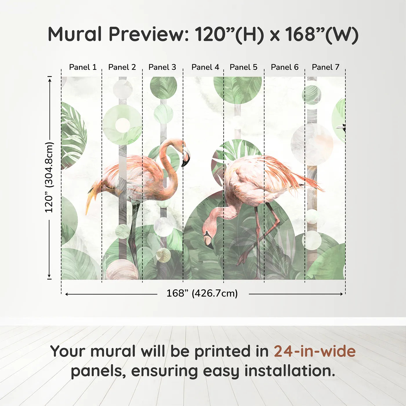 Whimsy Tots Abstract Flamingo Wall Muraldimension view (120" H x 168" W). Printed in seven 24-inch-wide panels. Gender-Neutral