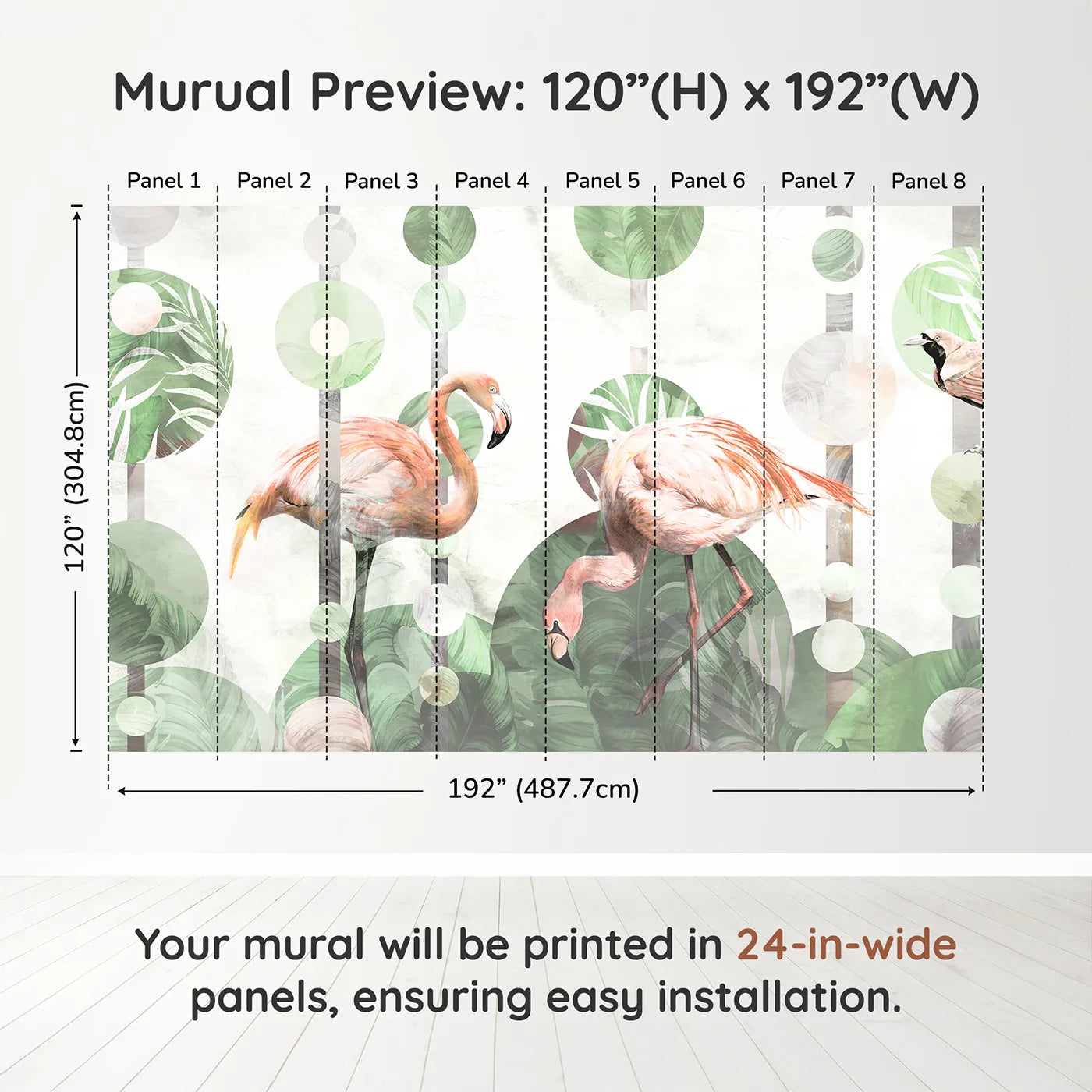 Whimsy Tots Abstract Flamingo Wall Muraldimension view (120" H x 192" W). Printed in eight 24-inch-wide panels. Gender-Neutral