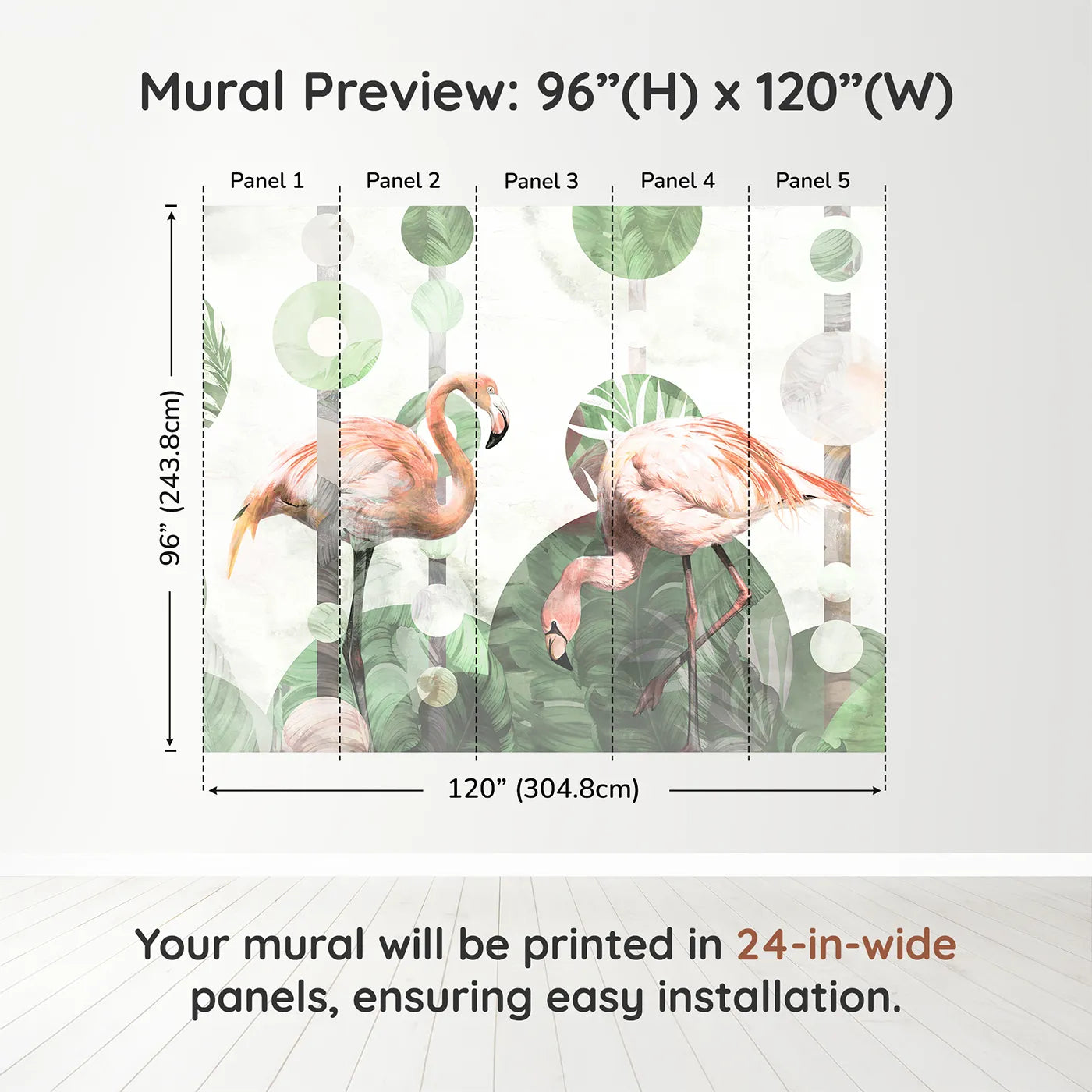 Whimsy Tots Abstract Flamingo Wall Muraldimension view (96" H x 120" W). Printed in five 24-inch-wide panels. Gender-Neutral