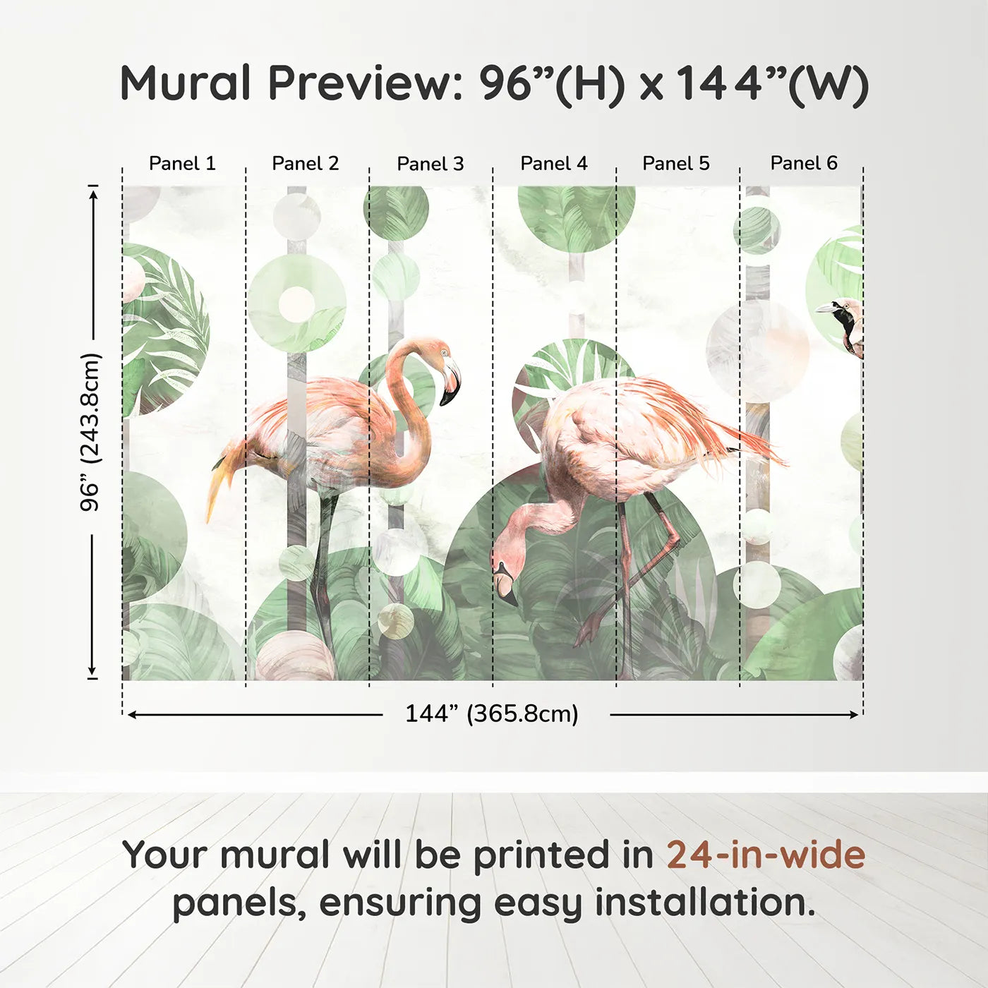Whimsy Tots Abstract Flamingo Wall Muraldimension view (96" H x 144" W). Printed in six 24-inch-wide panels. Gender-Neutral
