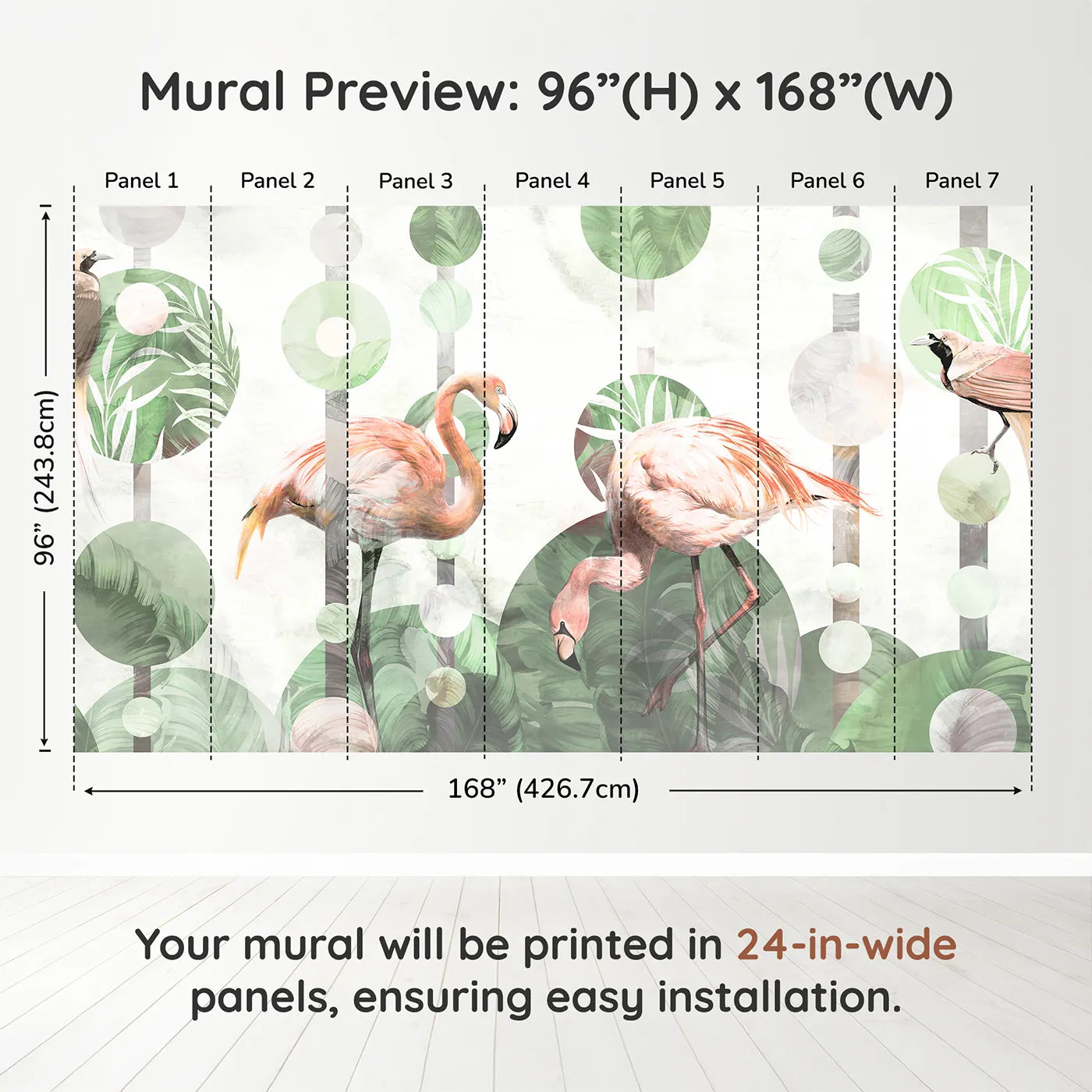 Whimsy Tots Abstract Flamingo Wall Muraldimension view (96" H x 168" W). Printed in seven 24-inch-wide panels. Gender-Neutral