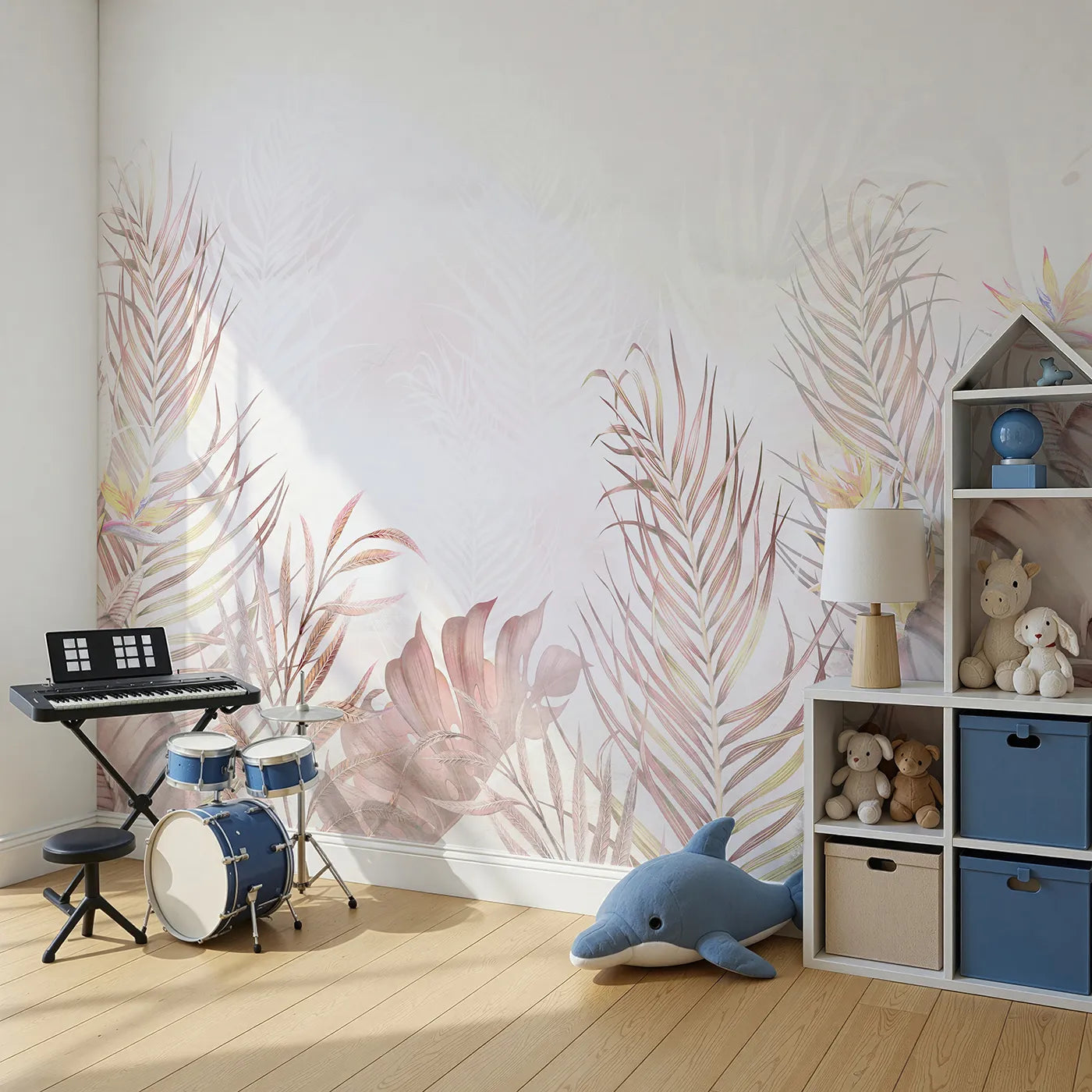 Angled view of Whimsy Tots' Pastel Tropical Leaves Wall Mural (Turn Their Room into a Soft and Dreamy Jungle Hideaway).Gender-Neutral