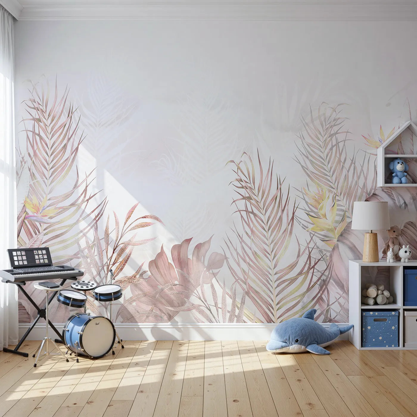 Front view of Whimsy Tots' Pastel Tropical Leaves Wall Mural