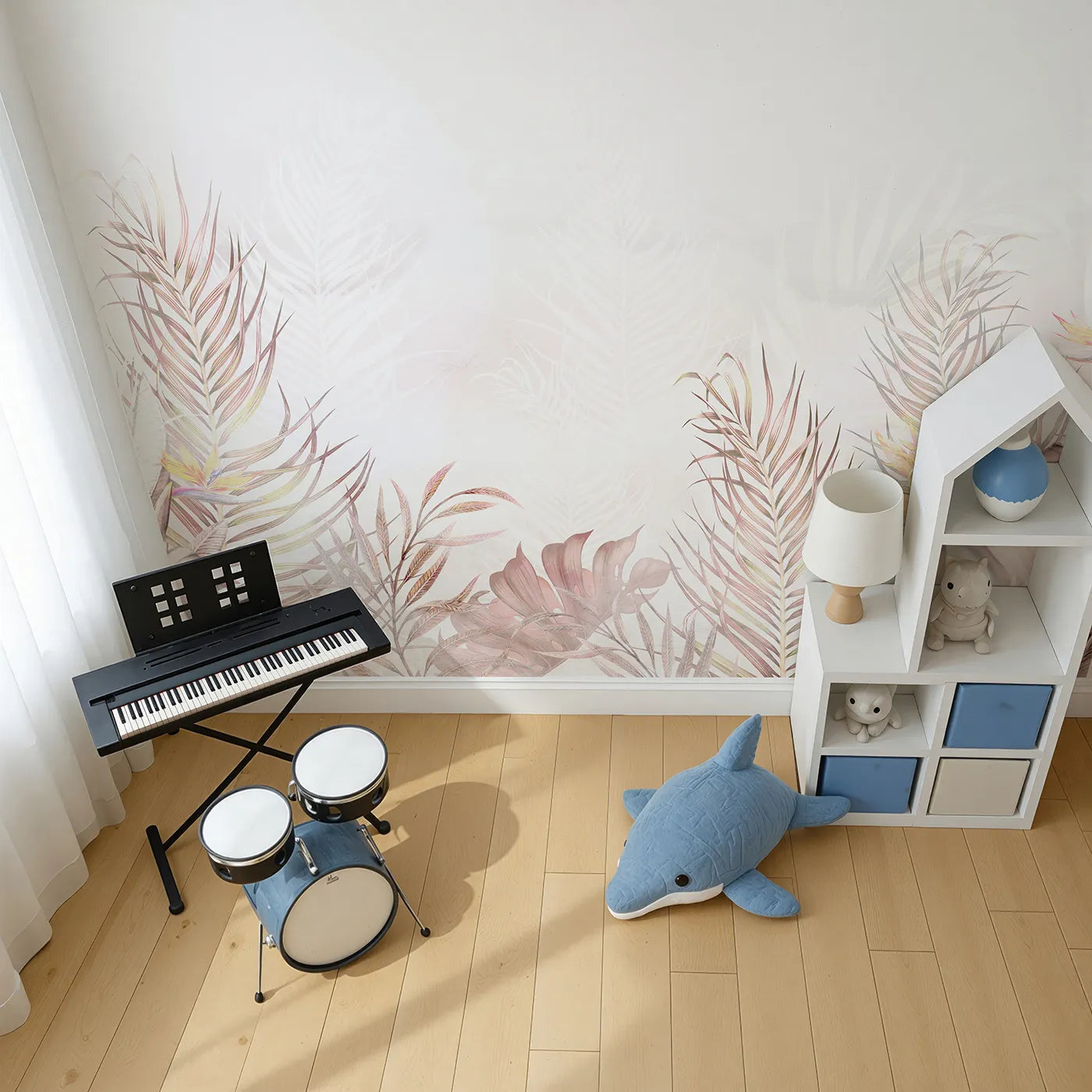 Top-down view of Whimsy Tots' Pastel Tropical Leaves Wall Mural (Turn Their Room into a Soft and Dreamy Jungle Hideaway).Gender-Neutral