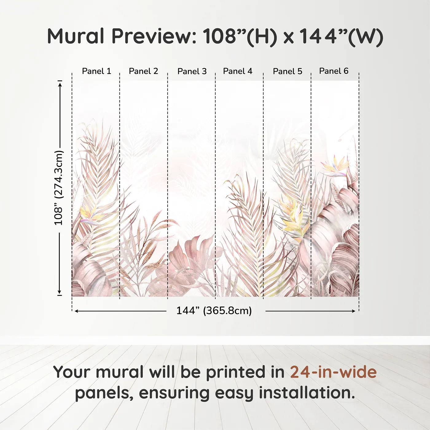 Whimsy Tots Pastel Tropical Leaves Wall Muraldimension view (108" H x 144" W). Printed in six 24-inch-wide panels. Gender-Neutral