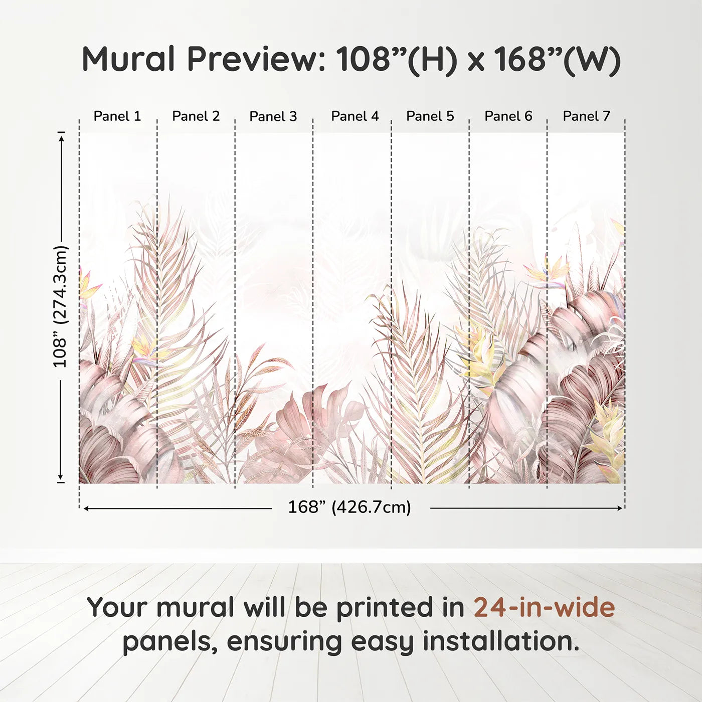 Whimsy Tots Pastel Tropical Leaves Wall Muraldimension view (108" H x 168" W). Printed in seven 24-inch-wide panels. Gender-Neutral