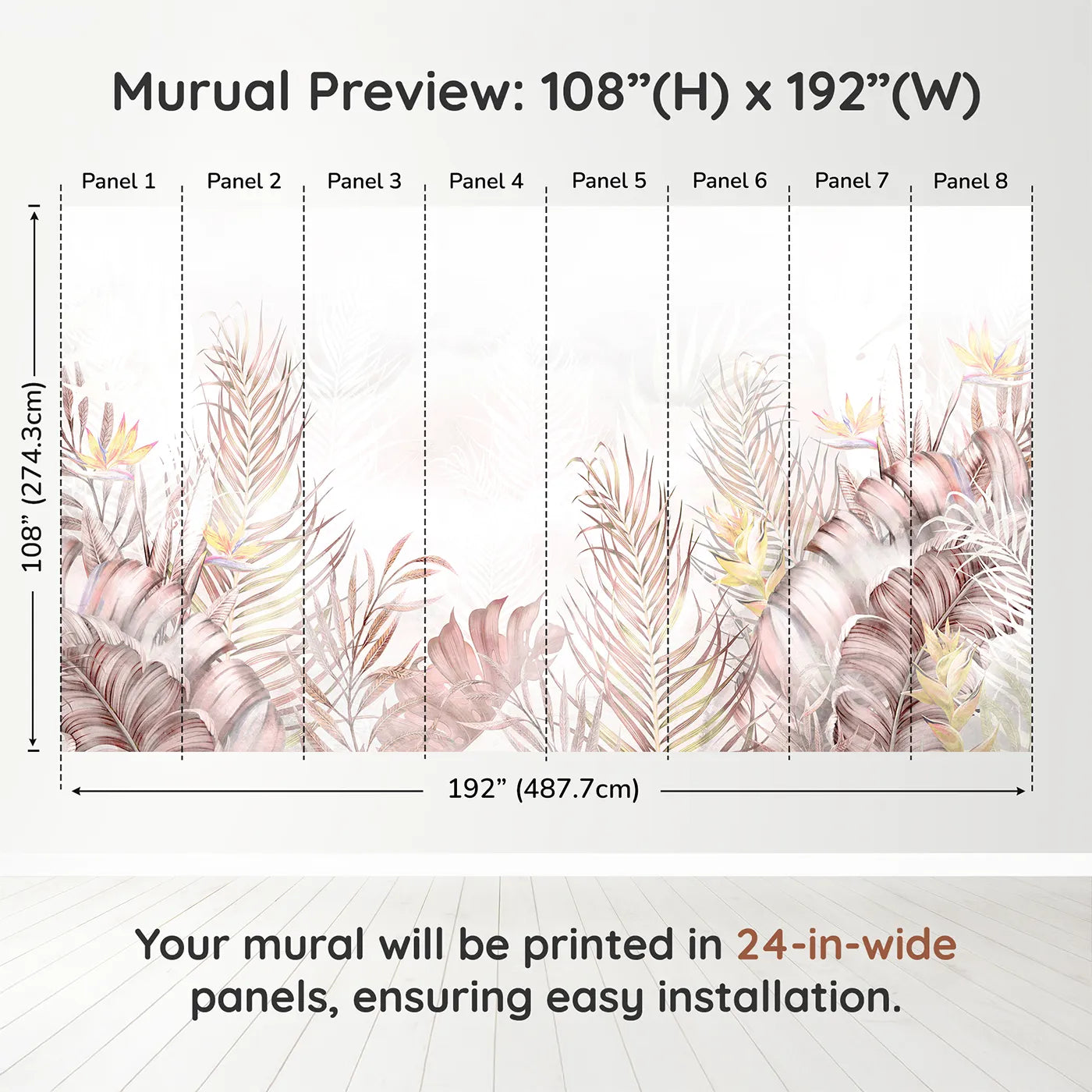 Whimsy Tots Pastel Tropical Leaves Wall Muraldimension view (108" H x 192" W). Printed in eight 24-inch-wide panels. Gender-Neutral