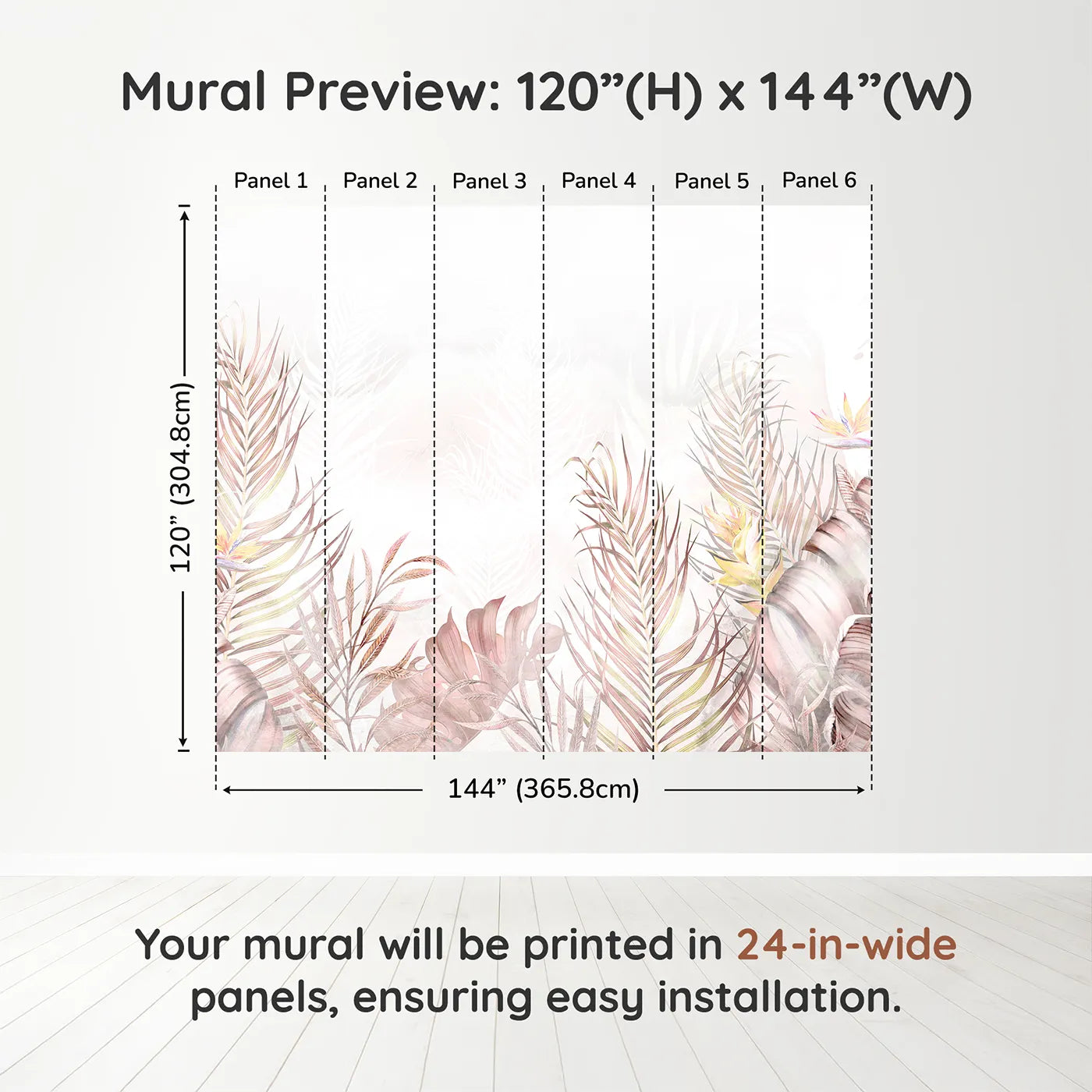 Whimsy Tots Pastel Tropical Leaves Wall Muraldimension view (120" H x 144" W). Printed in six 24-inch-wide panels. Gender-Neutral