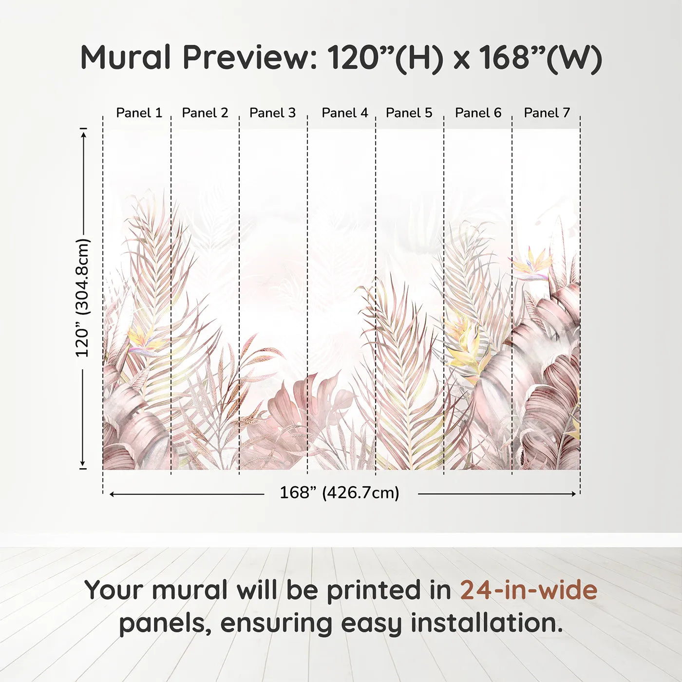Whimsy Tots Pastel Tropical Leaves Wall Muraldimension view (120" H x 168" W). Printed in seven 24-inch-wide panels. Gender-Neutral