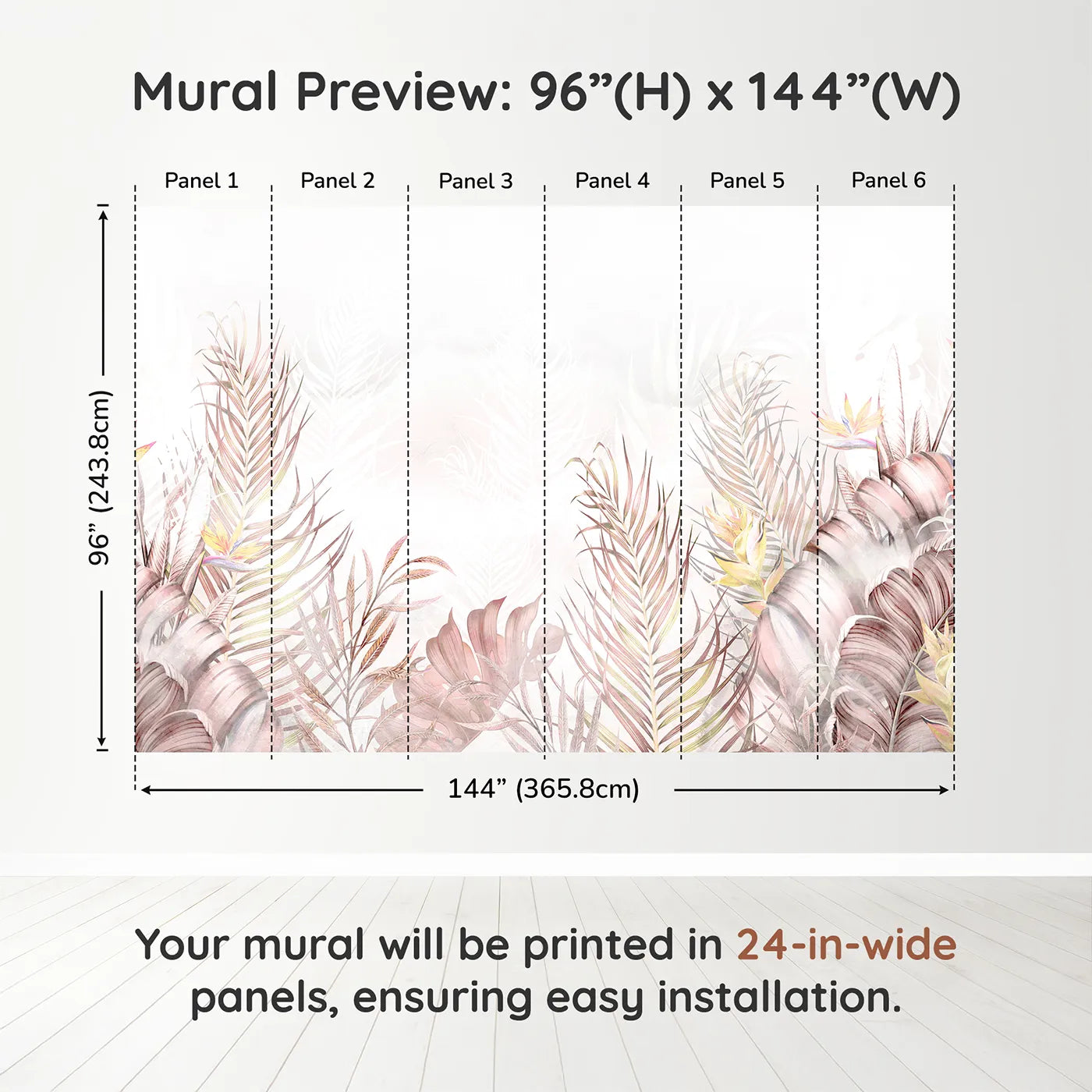 Whimsy Tots Pastel Tropical Leaves Wall Muraldimension view (96" H x 144" W). Printed in six 24-inch-wide panels. Gender-Neutral