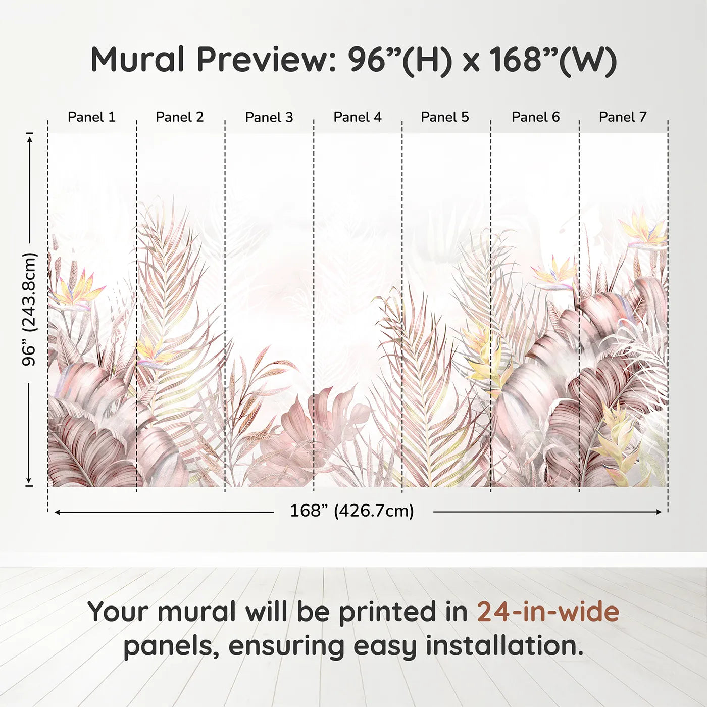 Whimsy Tots Pastel Tropical Leaves Wall Muraldimension view (96" H x 168" W). Printed in seven 24-inch-wide panels. Gender-Neutral