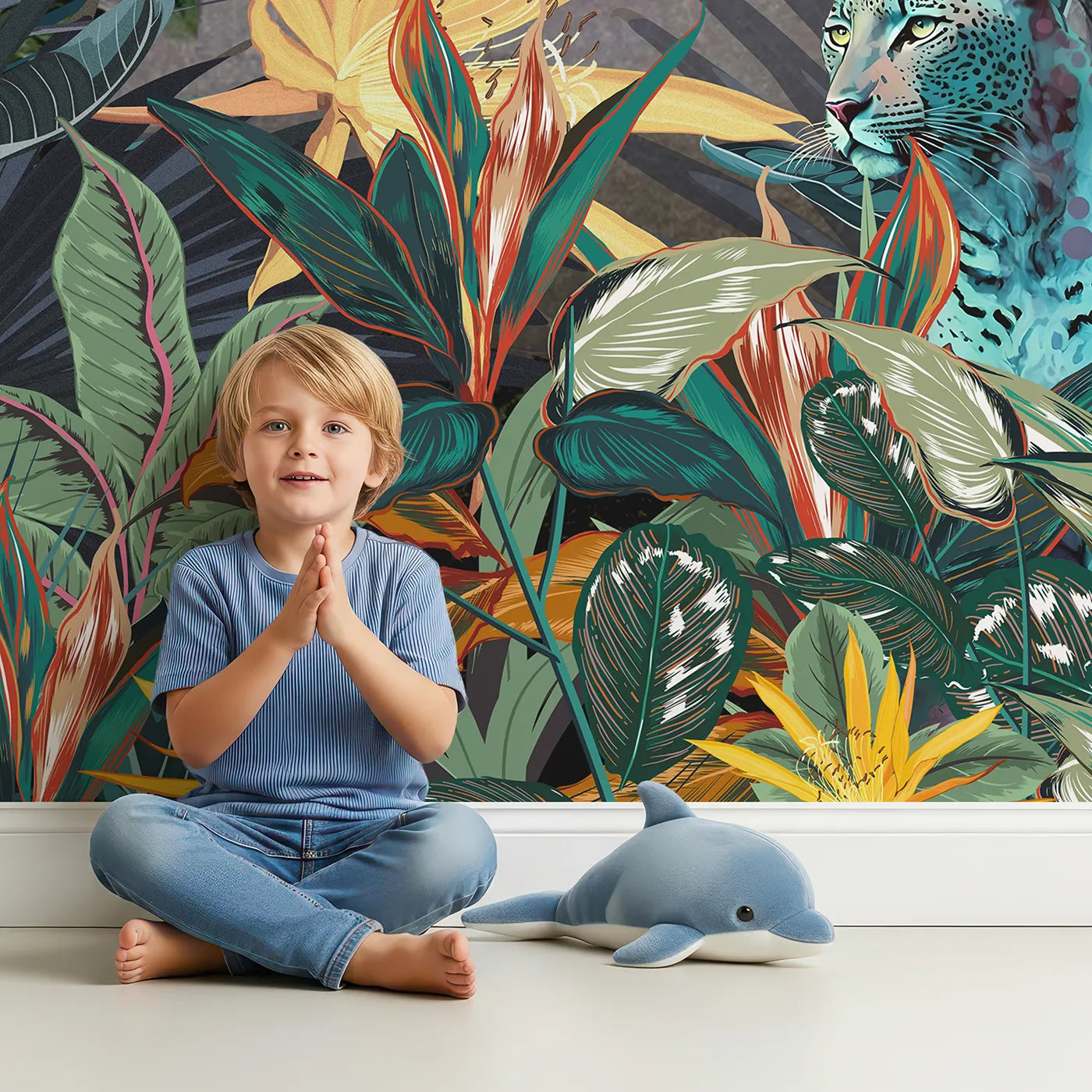 Child in front of Whimsy Tots Jungle Cat Wall Mural with jungle, tropical, leopard, cat, vibrant, colorful, flower, plant in design.