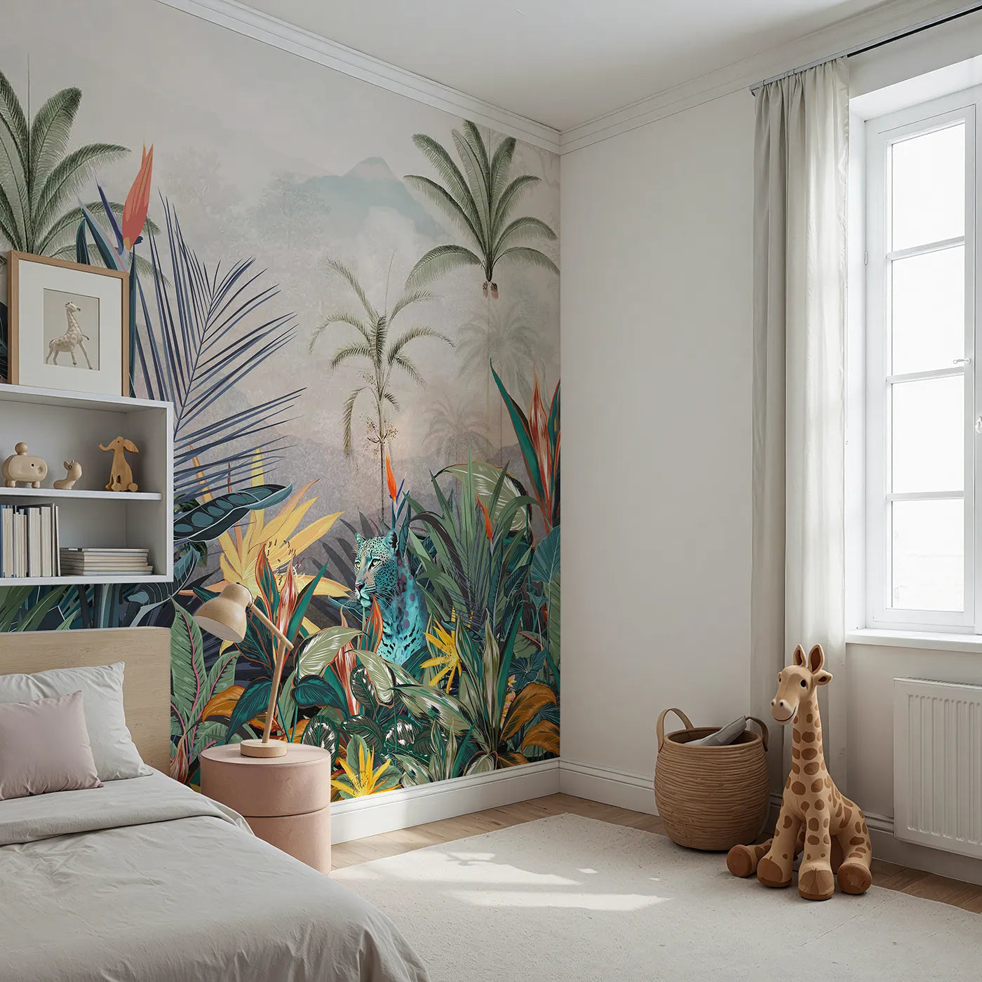 Angled view of Whimsy Tots' Jungle Cat Wall Mural (Turn Their Room into a Vibrant, Tropical Paradise).Gender-Neutral
